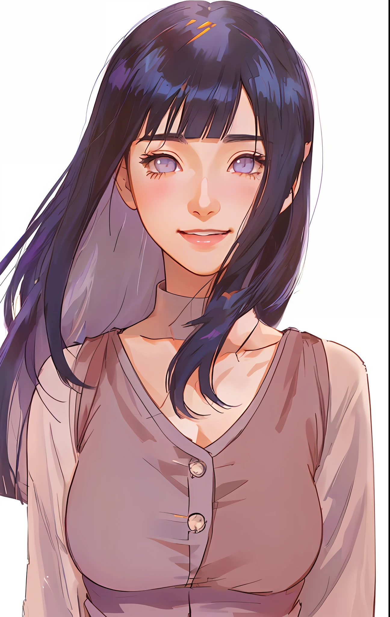 a girl with long blue hair and a gray shirt, hinata hyuga, hinata hyuga from naruto, she has black hair with blunt bangs, realistic, with long dark hair, from naruto, blunt bangs, (realistic hair:1.3), (long hair:1.3), (light smile:1.3), detailed character, realistic character, blushing, (beautiful face:1.3), (detailed eyes:1.3), pretty, medium breast, eyelashes