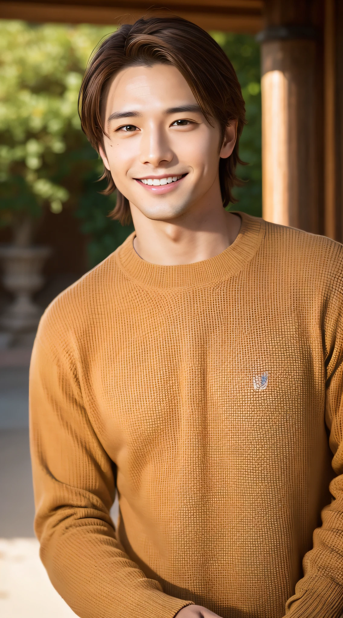 A man of about 25 years old, with bright brown hair, a smile, hazel eyes, a sharp focus, cinematic shadows, the whole body, the front, the gesture of raking up the hair,