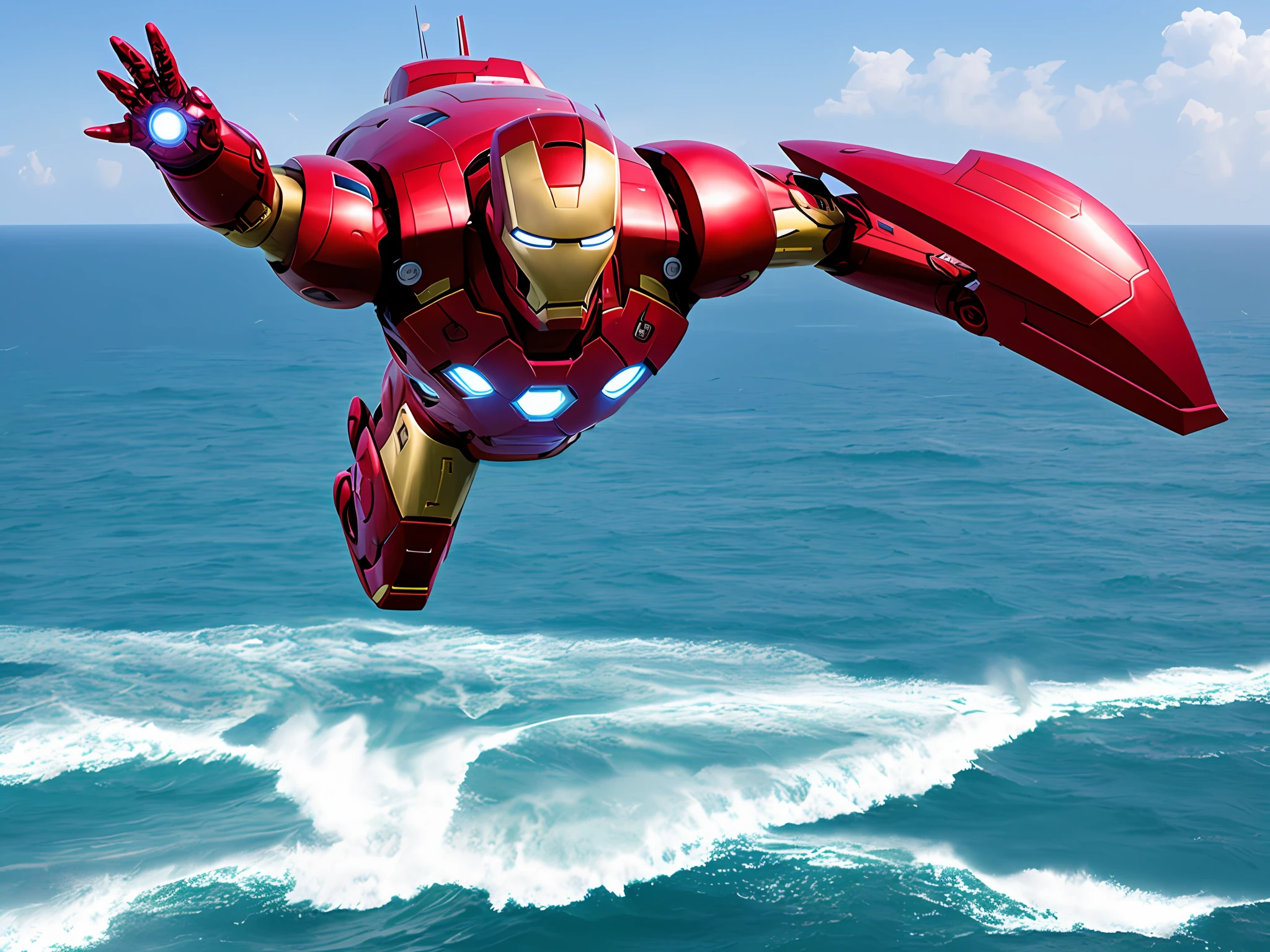 Iron man flying at sea
