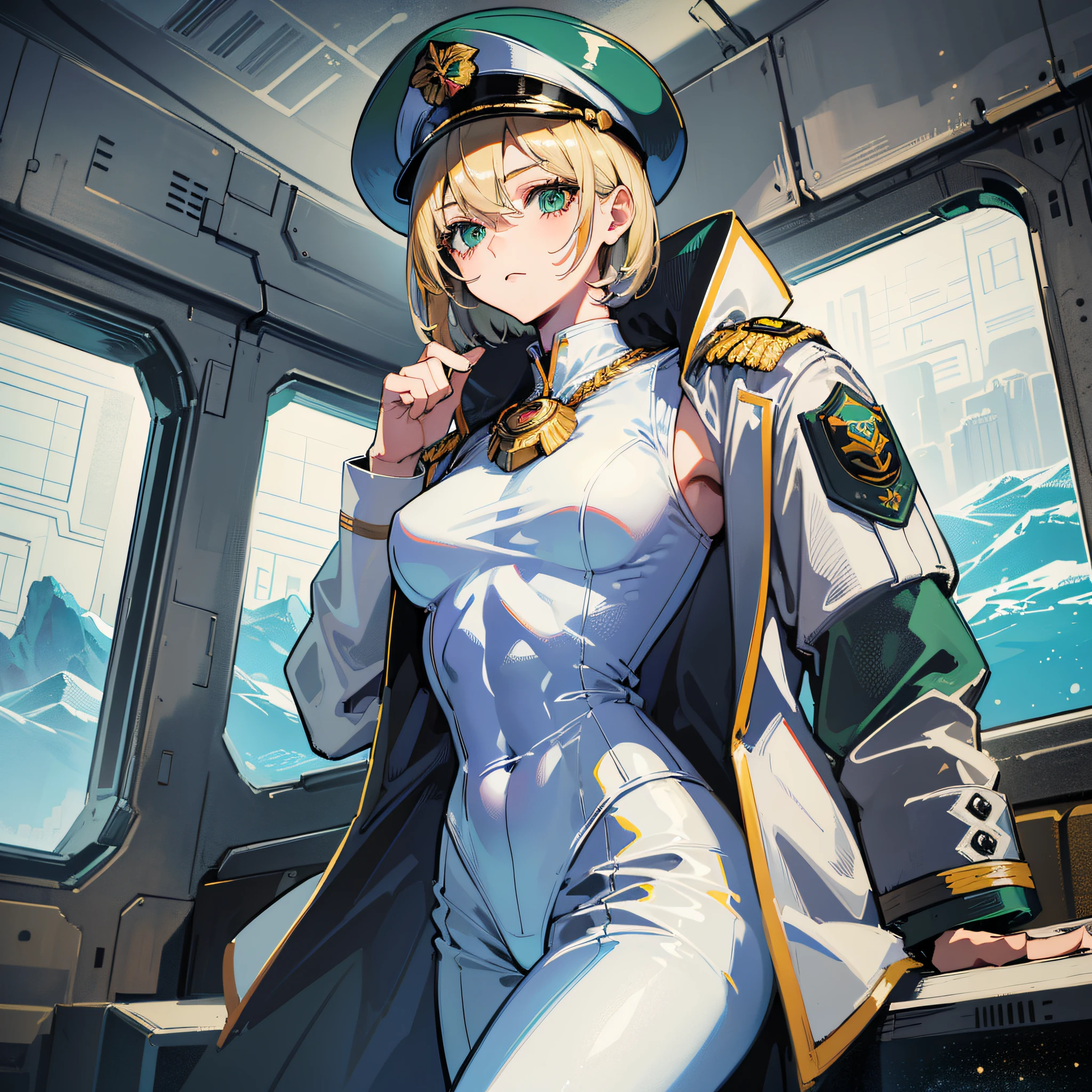 ((Masterpiece)), ((Highest Image Quality)), ((Best Quality)), (Illustration of One Girl), Full Body, 25 Years Old, (Neutral), Blonde, ((Short Hair)), ((Short Neckline)), Green Eyes, (Flat)), Small, (((Tall)), ((Muscular Strong Body)), (Army Uniform)), (Military Hat)), (Army Coat)), (White Clothes), (White Pants), (White Hat), Trench Coat, (( Inside the spaceship)), (outside the window, space, Earth seen from space, spaceport)