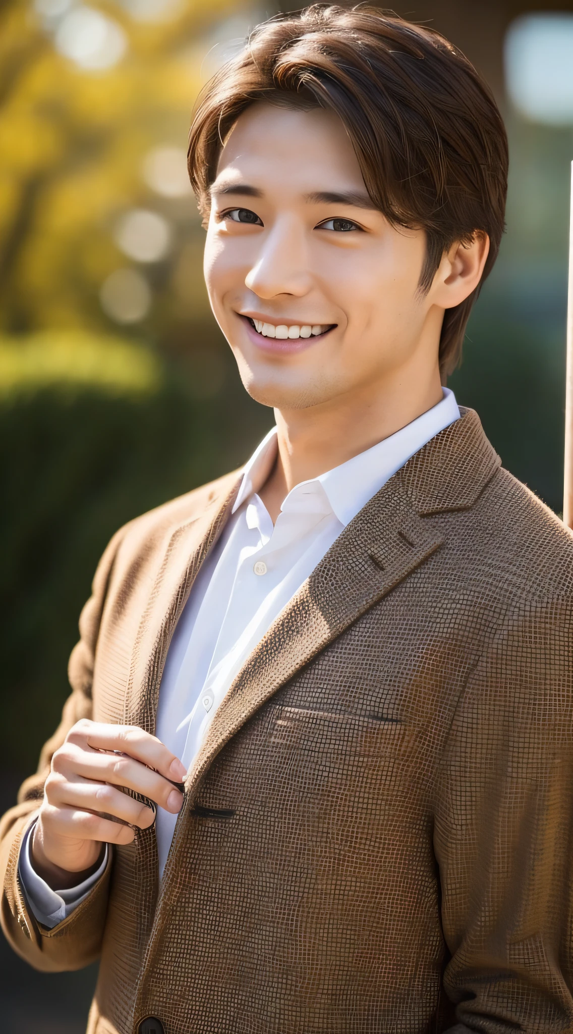 A man of about 25 years old, with bright brown hair, a smile, hazel eyes, a sharp focus, cinematic shadows, the whole body, the front, the gesture of raking up the hair,