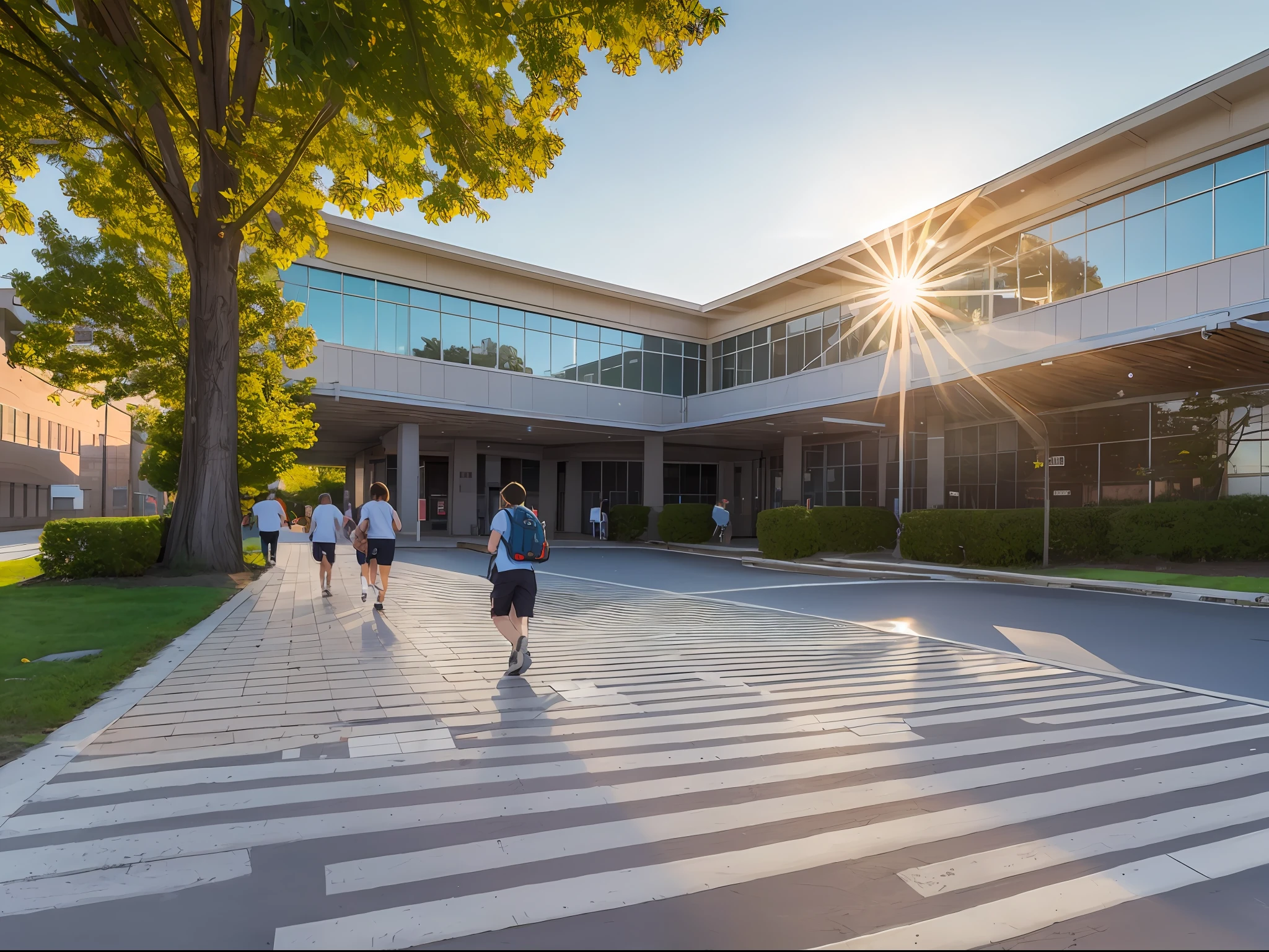 School walkway, high school, full of sunshine, sunset, super wide angle