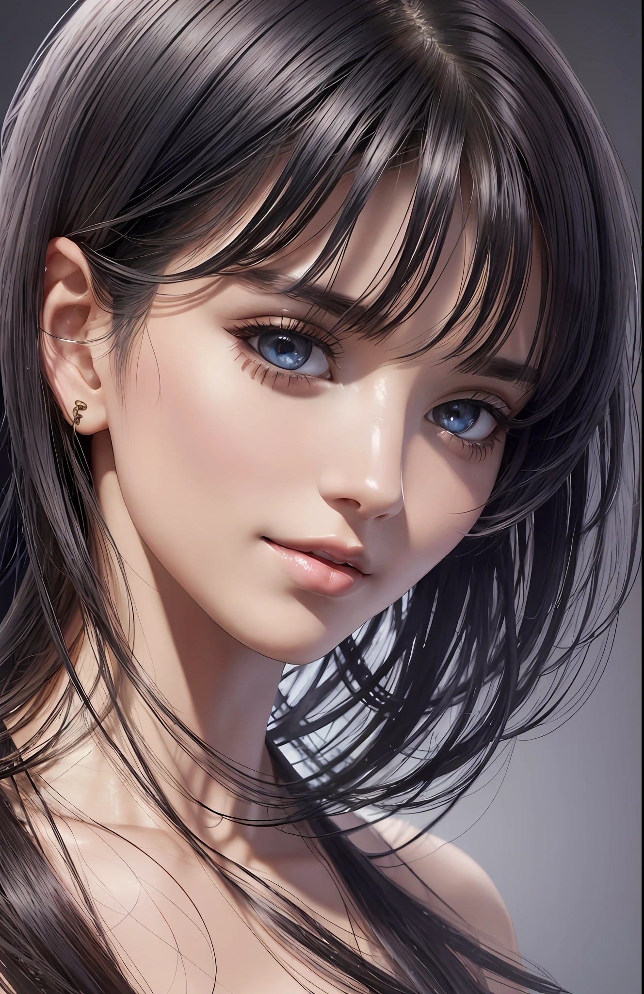 (Ultra Real), (Illustration), (High Resolution), (8K), (Very Detailed), (Best Illustration), (Beautiful and Detailed Eyes), (Best Quality), (Ultra Detailed), (Masterpiece), (Wallpaper), (Detailed Face), Solo, One Girl, Watching Viewer, Fine Details, Detailed Face, In the Dark, Deep Shadows, Low Key, pureerosfaceace_v1, Smile, Short Hair, Black shawl straight hair, 46-point diagonal bangs