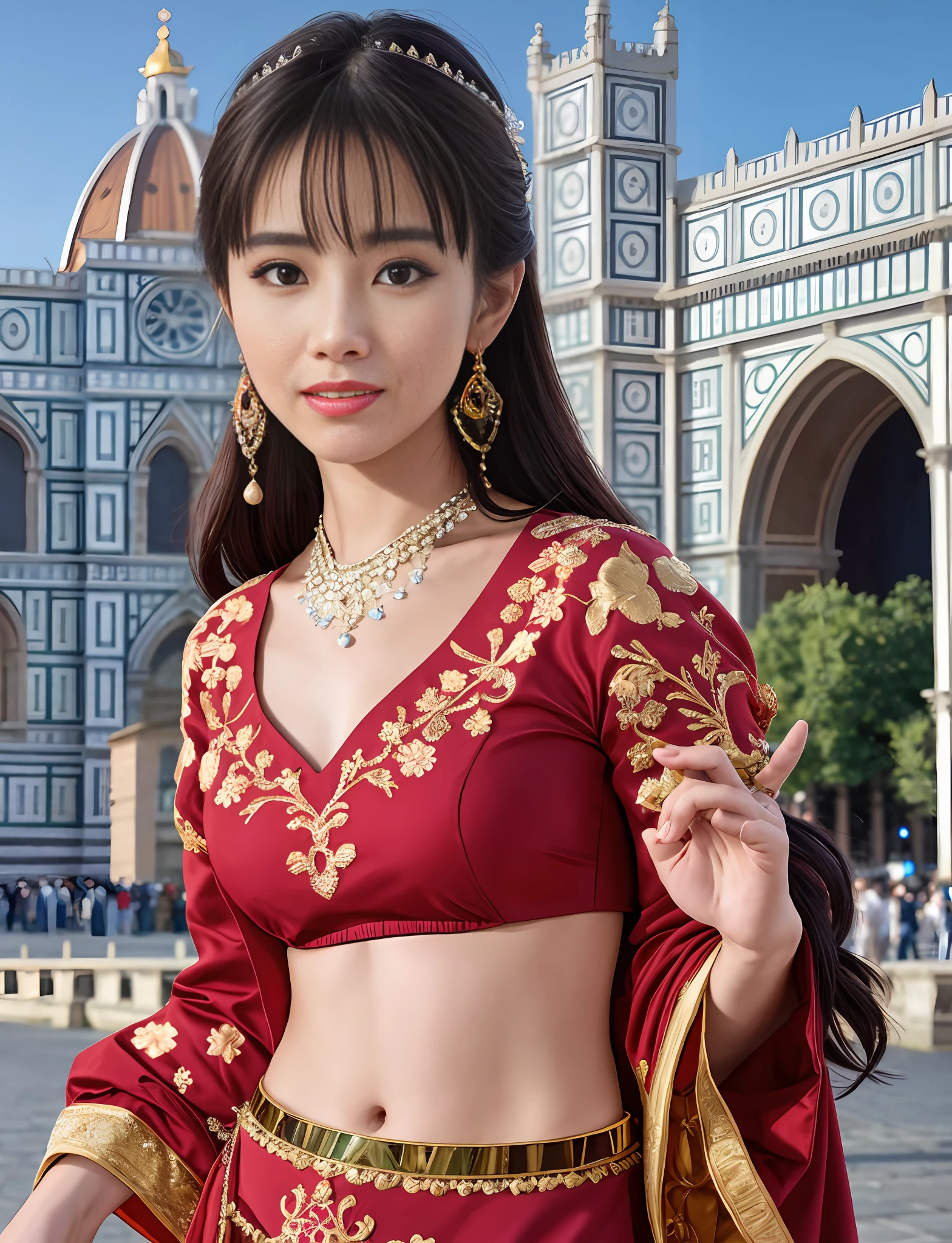 Model shooting style, (extremely detailed CG Unity 8k wallpaper), full-shot body photo of the most beautiful artwork in the world, stunning beautiful photo realistic available, super realistic super detailed photo, a beautiful girl as a female dancer on the streets of Florence, navel, complex dress, banquet, crowd, [slight smile], (Palazzo Vecchio and Piazza della Signoria background), (princess eyes, shining pupils), detailed symmetrical beautiful hazel eyes, detailed gorgeous face, highly detailed, Vibrant, professional majestic oil painting by Ed Blinkey, Atey Ghailan, Studio Ghibli, Jeremy Mann, Greg Manchess, Antonio Moro, ArtStation Trends, CGSociety Trends, Complex, High Detail, Sharp Focus, Dramatic, Realistic Painting Art, by Midjourney and Greg Written by Rutkowski