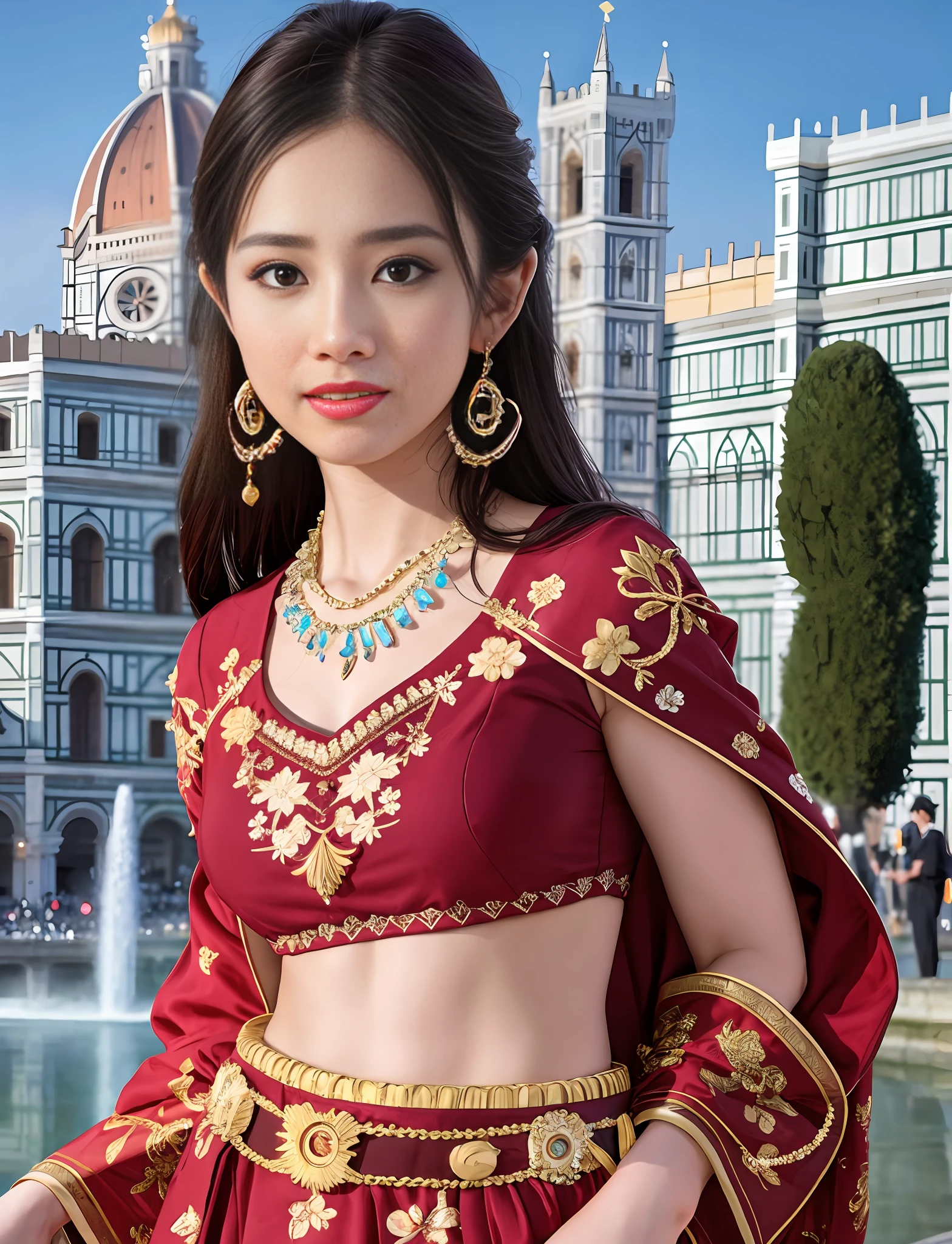 Model shooting style, (extremely detailed CG Unity 8k wallpaper), full-shot body photo of the most beautiful artwork in the world, stunning beautiful photo realistic available, super realistic super detailed photo, a beautiful girl as a female dancer on the streets of Florence, navel, complex dress, banquet, crowd, [slight smile], (Palazzo Vecchio and Piazza della Signoria background), (princess eyes, shining pupils), detailed symmetrical beautiful hazel eyes, detailed gorgeous face, highly detailed, Vibrant, professional majestic oil painting by Ed Blinkey, Atey Ghailan, Studio Ghibli, Jeremy Mann, Greg Manchess, Antonio Moro, ArtStation Trends, CGSociety Trends, Complex, High Detail, Sharp Focus, Dramatic, Realistic Painting Art, by Midjourney and Greg Written by Rutkowski