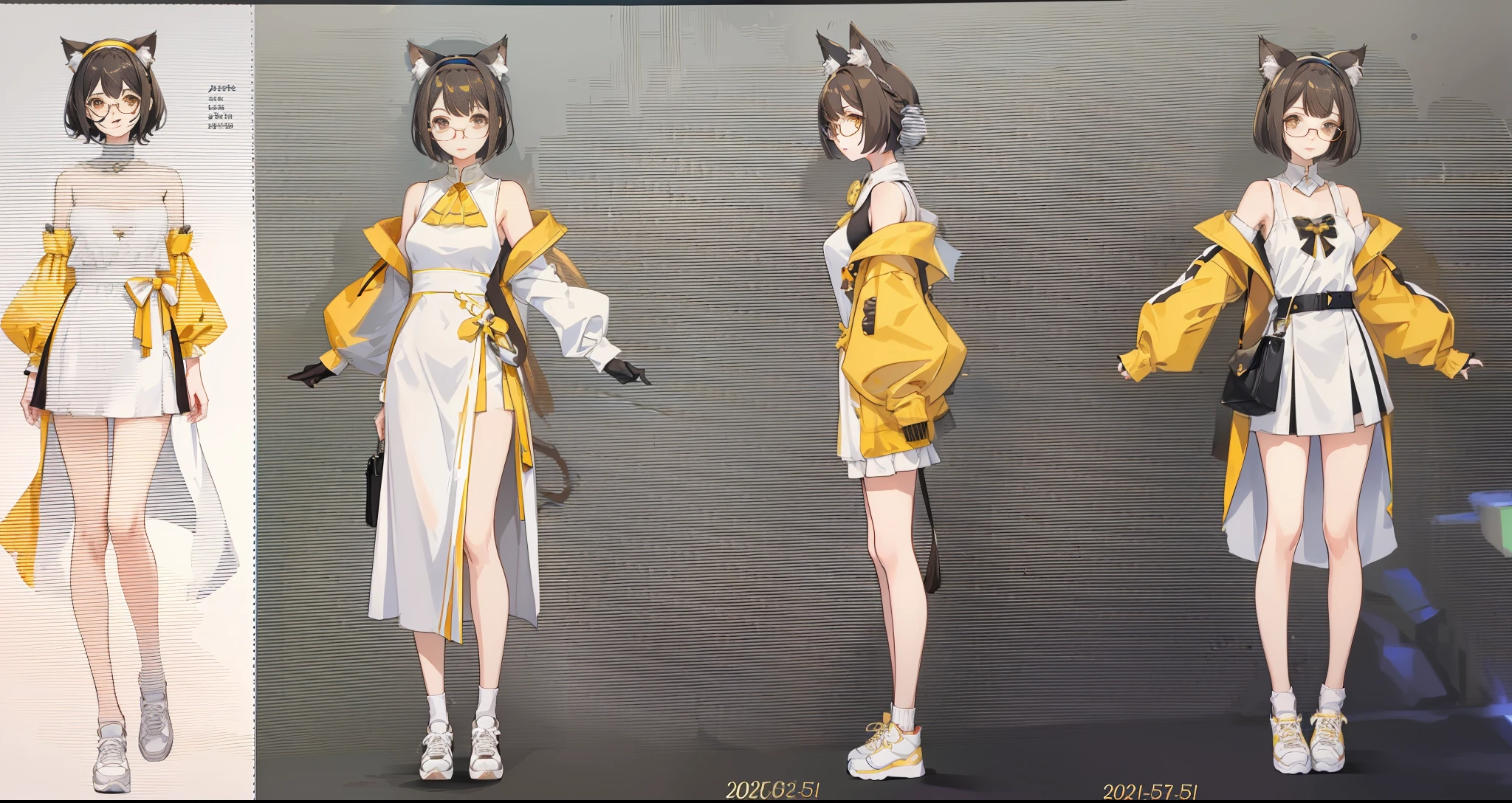 1girl, solo, glasses, full body, short hair, looking at viewer, animal ears, white footwear, shoes, dress, white dress, socks, standing, yellow eyes, white socks, brown hair, detached sleeves, bare shoulders, breasts, hairband, cat ears, closed mouth, sleeveless, long sleeves, black hair, round eyewear, bangs, animal ear fluff, sneakers, medium breasts, arms at sides, brown eyes, english text