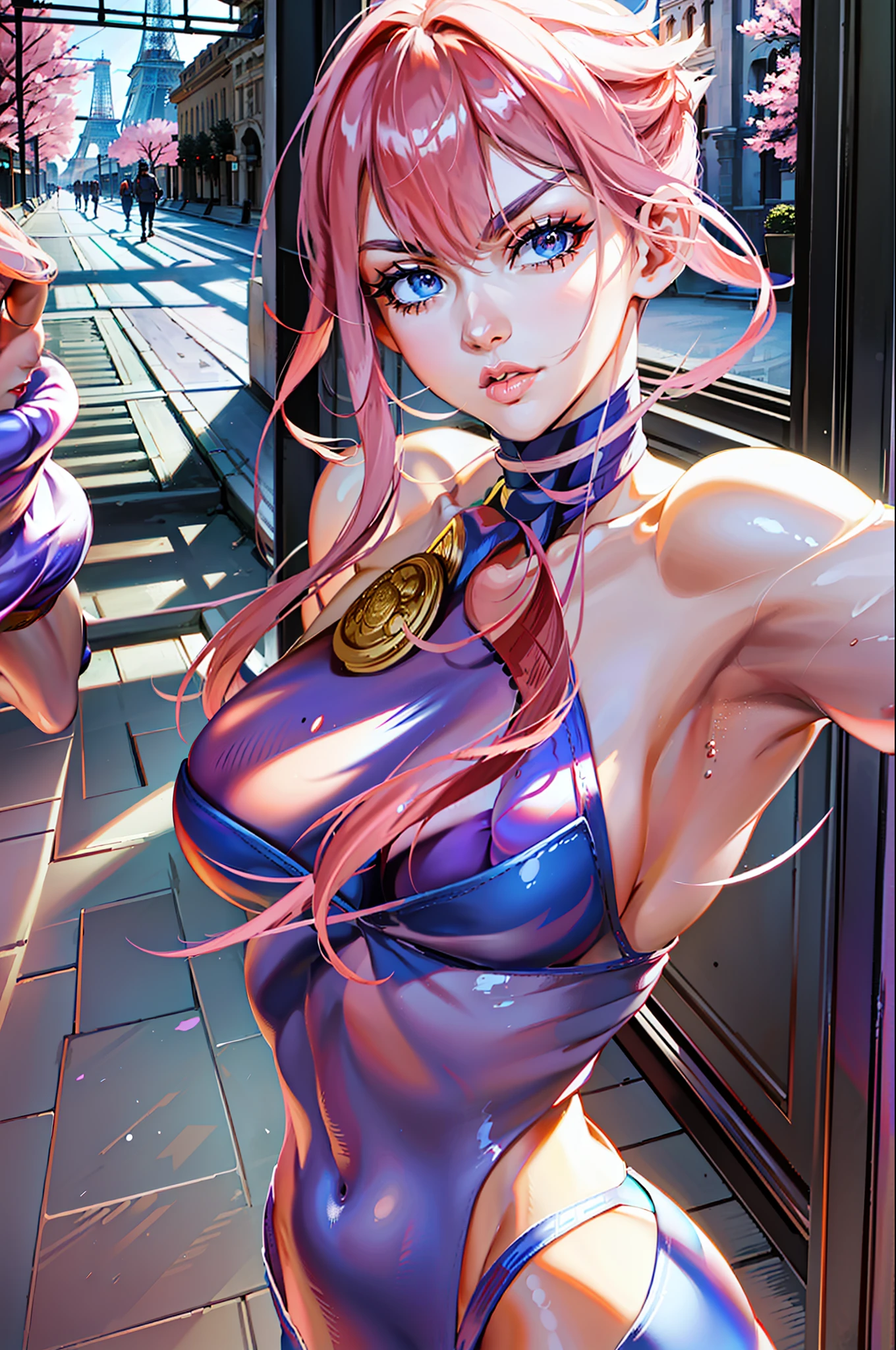 ((Best Quality, 8K, Masterpiece: 1.3)), (Fractal Art: 1.3), ((A Manon in line with Street Fighter 6 official, doing the opening action of the game)), Short pink shiny hair, (Manon wearing a Street Fighter 6 costume), European French, supermodel_body and face, 30 years old, mature, detailed face, detailed skin texture, angular face, (long eyes: 1.2, large eyes, Obvious eyelids, long eyelashes), feminine expression, confident expression, long legs, perfect body proportions, (small breasts, small and hard), (fitness figure, with obvious muscles), pink nails, perfect facial features, symmetrical face, high nose bridge, three-dimensional, very elegant movements, noble temperament, full of confident eyes shining, best light, ray tracing, photon mapping, (in the distance is the Eiffel Tower, Baroque architecture, walking the red carpet in front of the palace, celebrities shooting magazines, the focus of the audience, There are super many reporters on both sides of the red carpet, night, night, lively lights), official illustrations (the texture of fine clothes), (shot with a DSLR camera from a distance, from top to bottom shooting angle), complex reflections, the blingbling golden and sliver glitter on the body: 1.6, shining because of reflections Very dazzling)