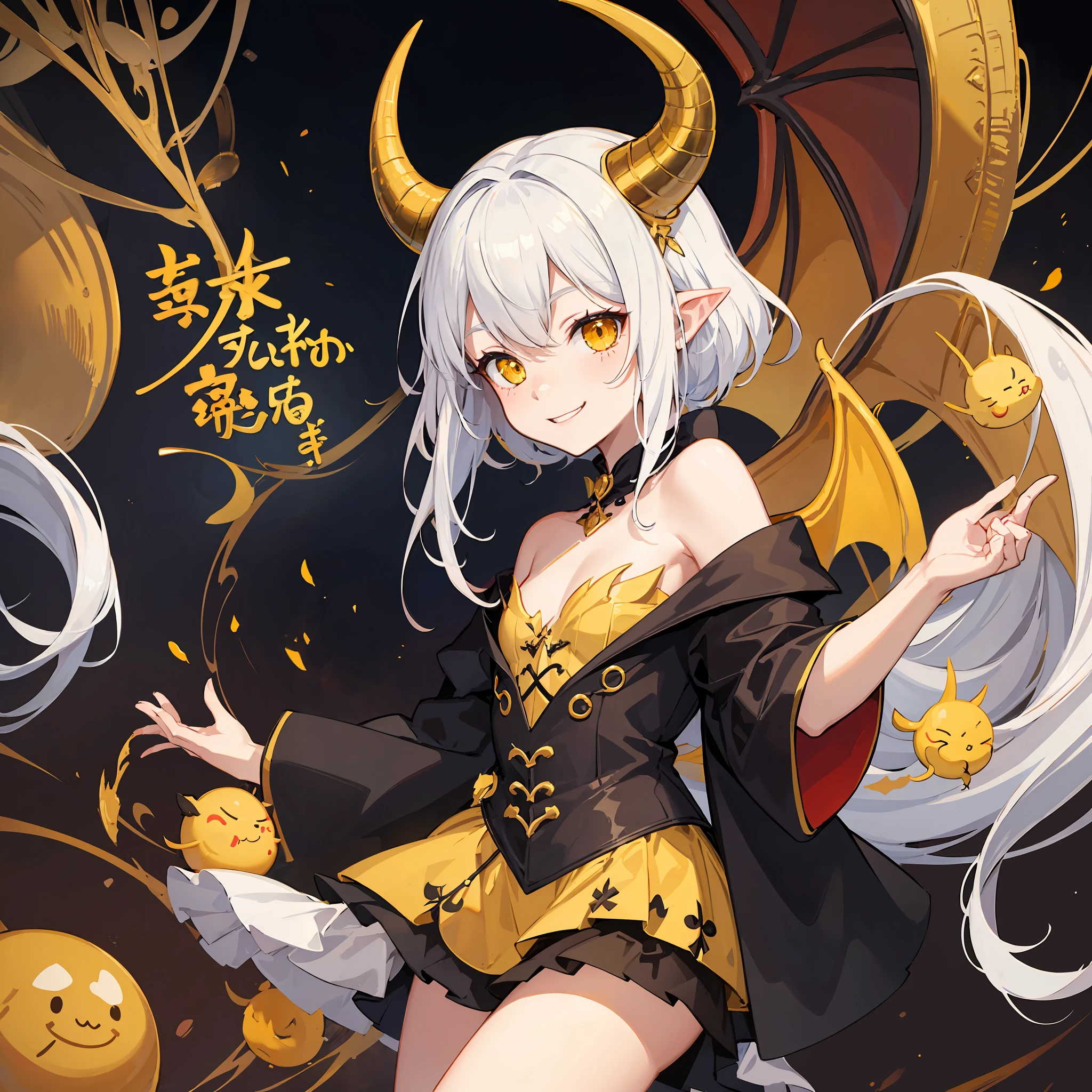 Little monster girl, horns, tail, dragon wings, yellow eyes, cute, medium, smile