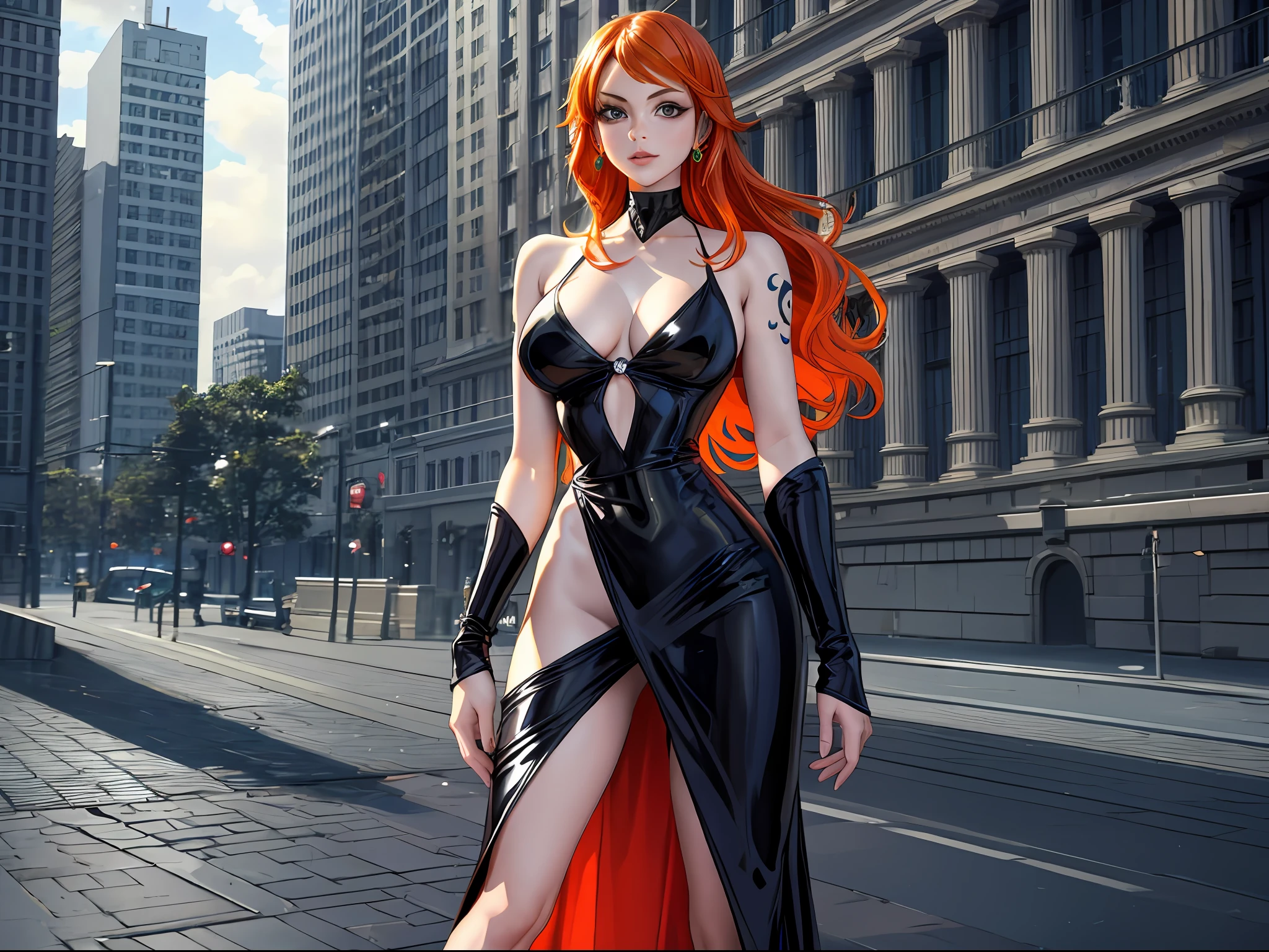 1990 Screengrab of a female model portraying Nami. Nami has orange hair styled into long curls and bright green eyes. She wears a stunning, grotesque black Balenciaga dress. The dress has an asymmetrical cut and emphasizes Nami's graceful silhouette. It has voluminous, textured shoulders and unusual proportions. With its avant-garde aesthetics and extraordinary design, the dress attracts attention on the catwalk. Nami wears matching black stilettos and minimalist silver jewelry. The fashionable film scene clip shows Nami with a strong and confident charisma as she shows off the distinctive Balenciaga dress. Balenciaga Commercial, 3:2 Aspect Ratio, 5:4 Aspect Ratio