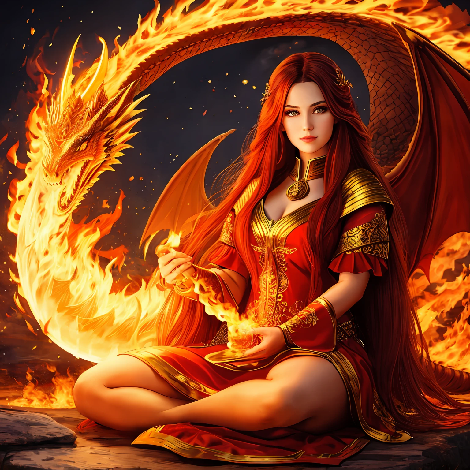 Fire woman with long hair sitting on her dragon