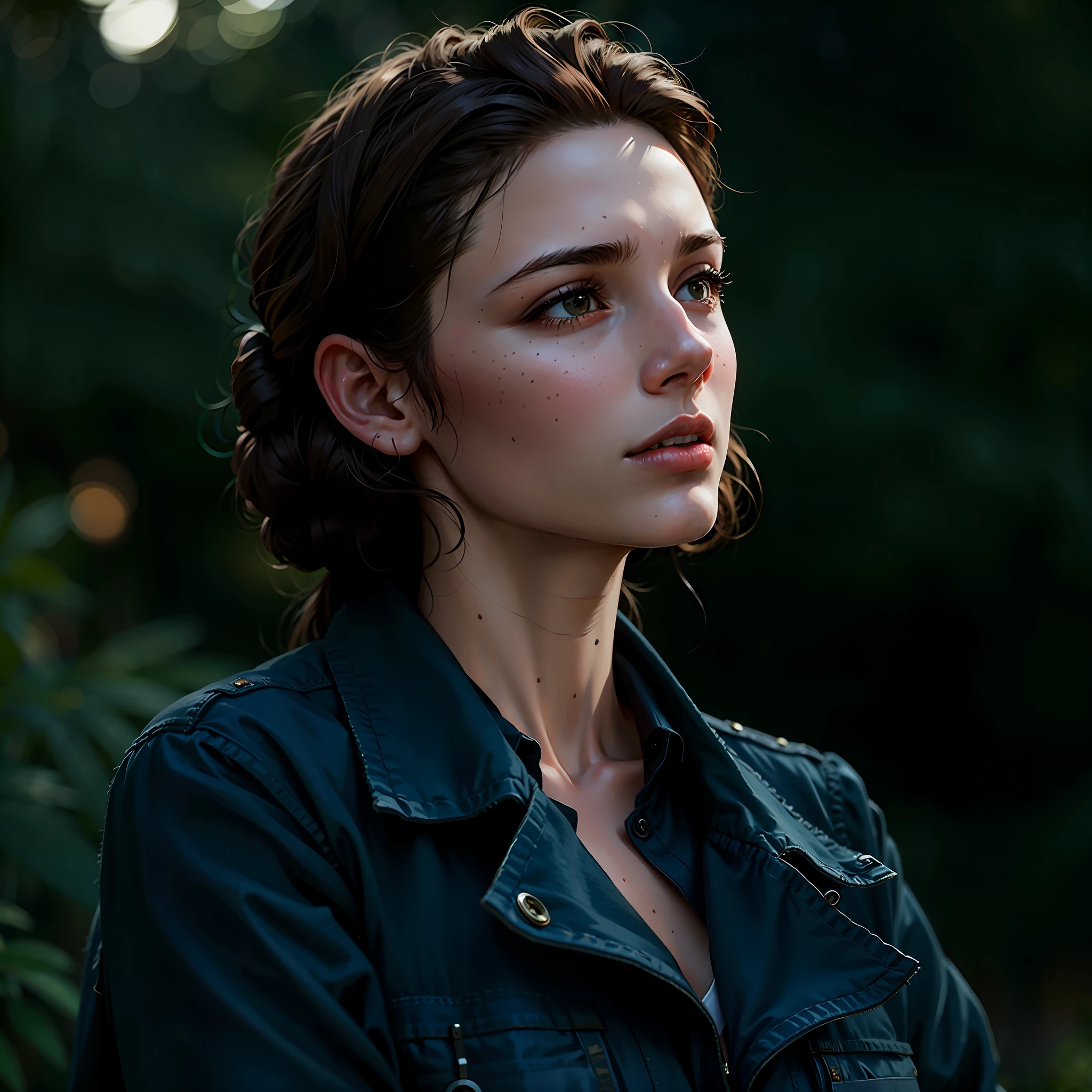 a hyper-realistic portrait of a young woman, under a tree, inside a forest, in the middle of nature, 22 years old, realistic, (lying on her side), sexy, (huge breasts 2:1), short brown hair, (hair tied with bows), curved, SFW