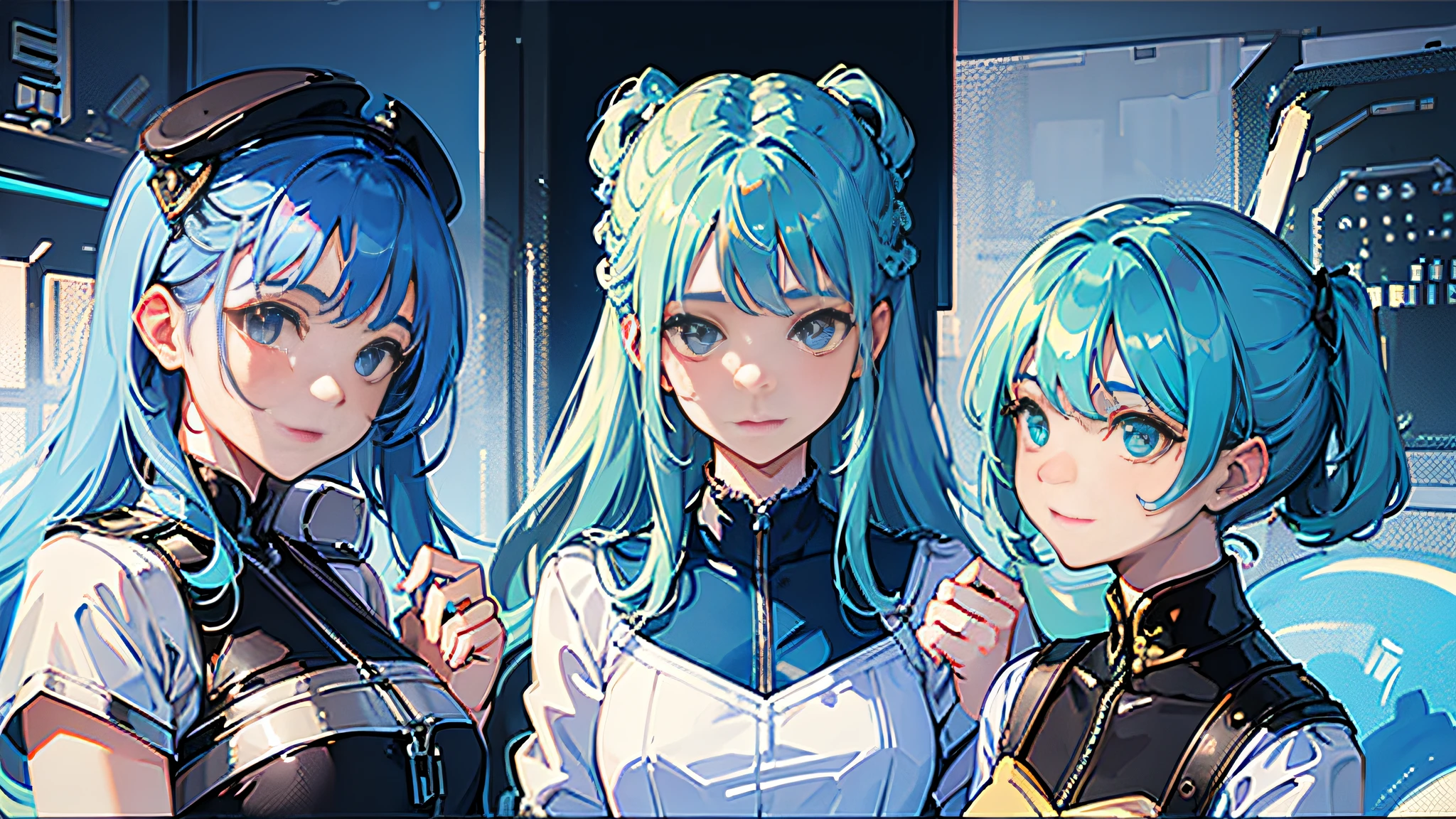 ((Masterpiece, Excellent)), Three Sisters, Light Blue Hair, Pilot, Highest Quality