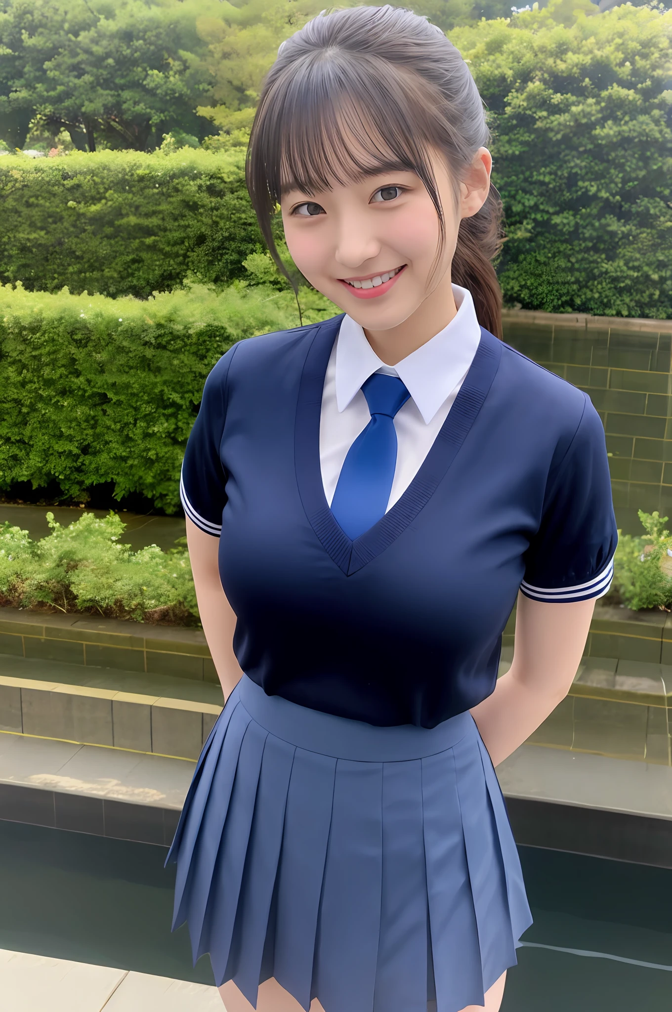big breasts, big, big, ponytail, uniform, navy blue tie, navy blue skirt, light blue shirt, gravure idol, waterside, wet, smile