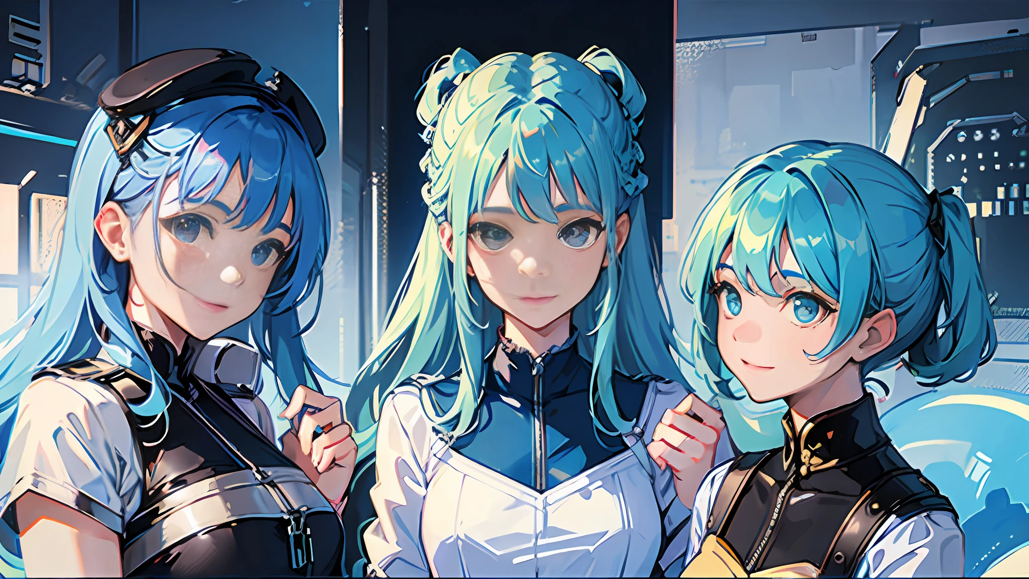 ((Masterpiece, Excellent)), Three Sisters, Light Blue Hair, Pilot, Highest Quality