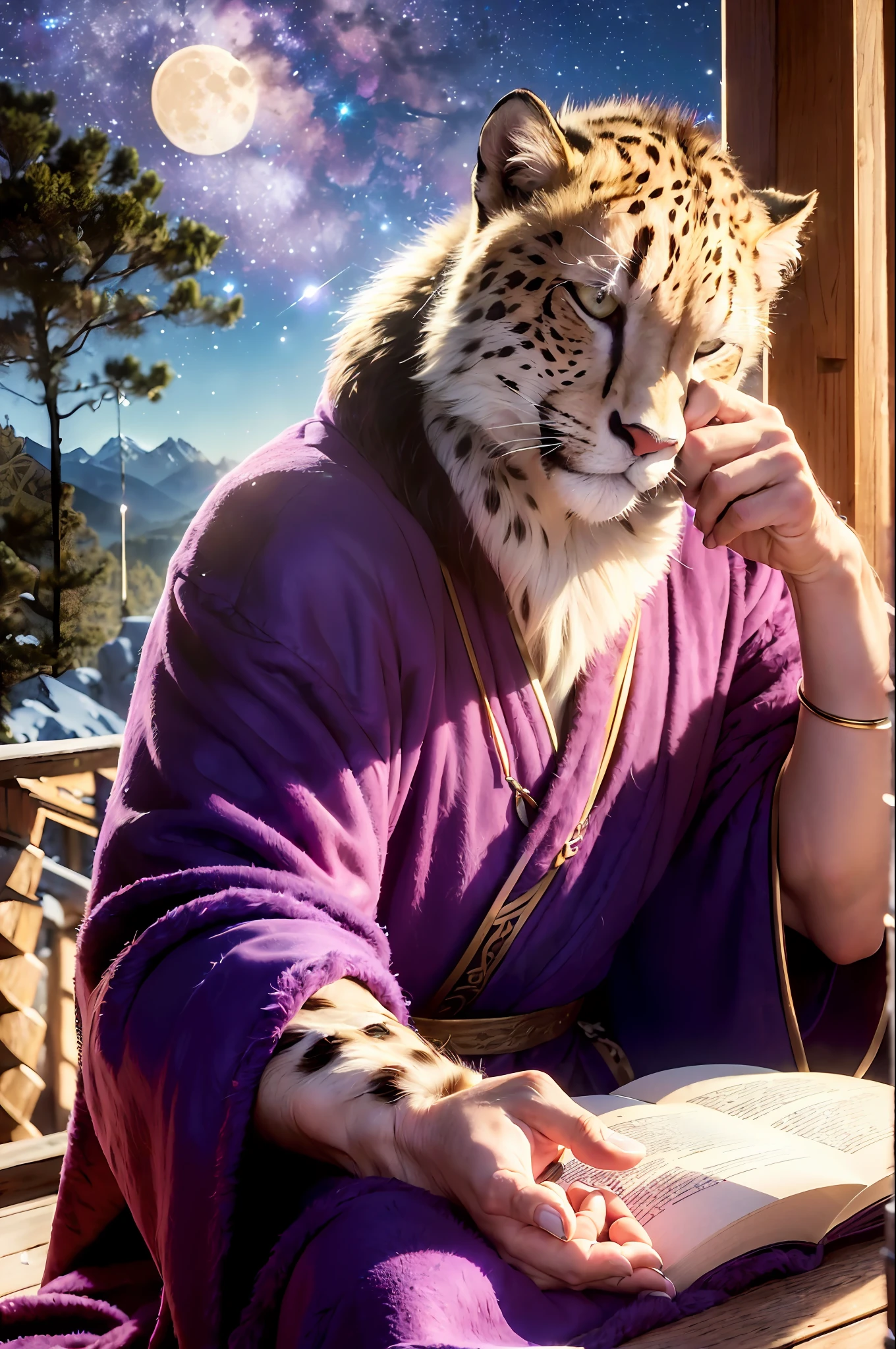 8K, 4D, highest quality, ((realistic)), (detail)), outdoor, mountain hut-style balcony, (illuminated by pale light), alone, in the dark, no light, otherworld, one beastman male, only beastman male, wise man, wearing a deep purple robe, cheetah beastman, cheetah face, spacious wooden chair, character appearance (in the dark, not receiving light, Sitting on a wooden chair, looking up to the heavens, squinting, leaning against the backrest, dozing, (detailed beastman's hand), thick book in one hand, book in one hand, cheek cane in one hand, looking at the moon in the distance, (profile looking up at the moon), body facing forward, face turned sideways, ((wearing a deep purple robe)), (gold bangle), male beastman, wise man, cheetah beastman, also hairy on hands, human hands), background elements(outdoor, balcony, mountain hut, night sky stars, full moon, no light), up, oil painting