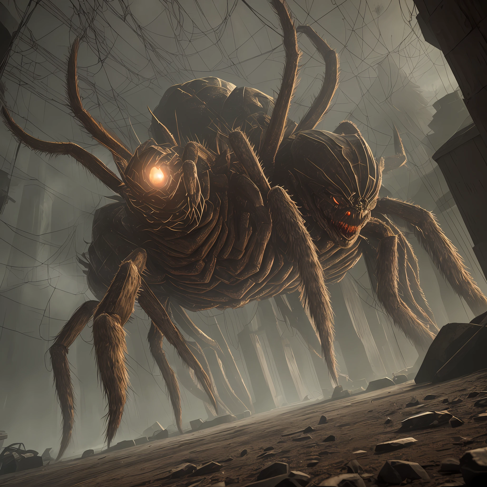 arachnophobia, scary, horror, giant spider, dark, volumetric lighting, epic details, hyper detail, 8k, h.P lovecraft