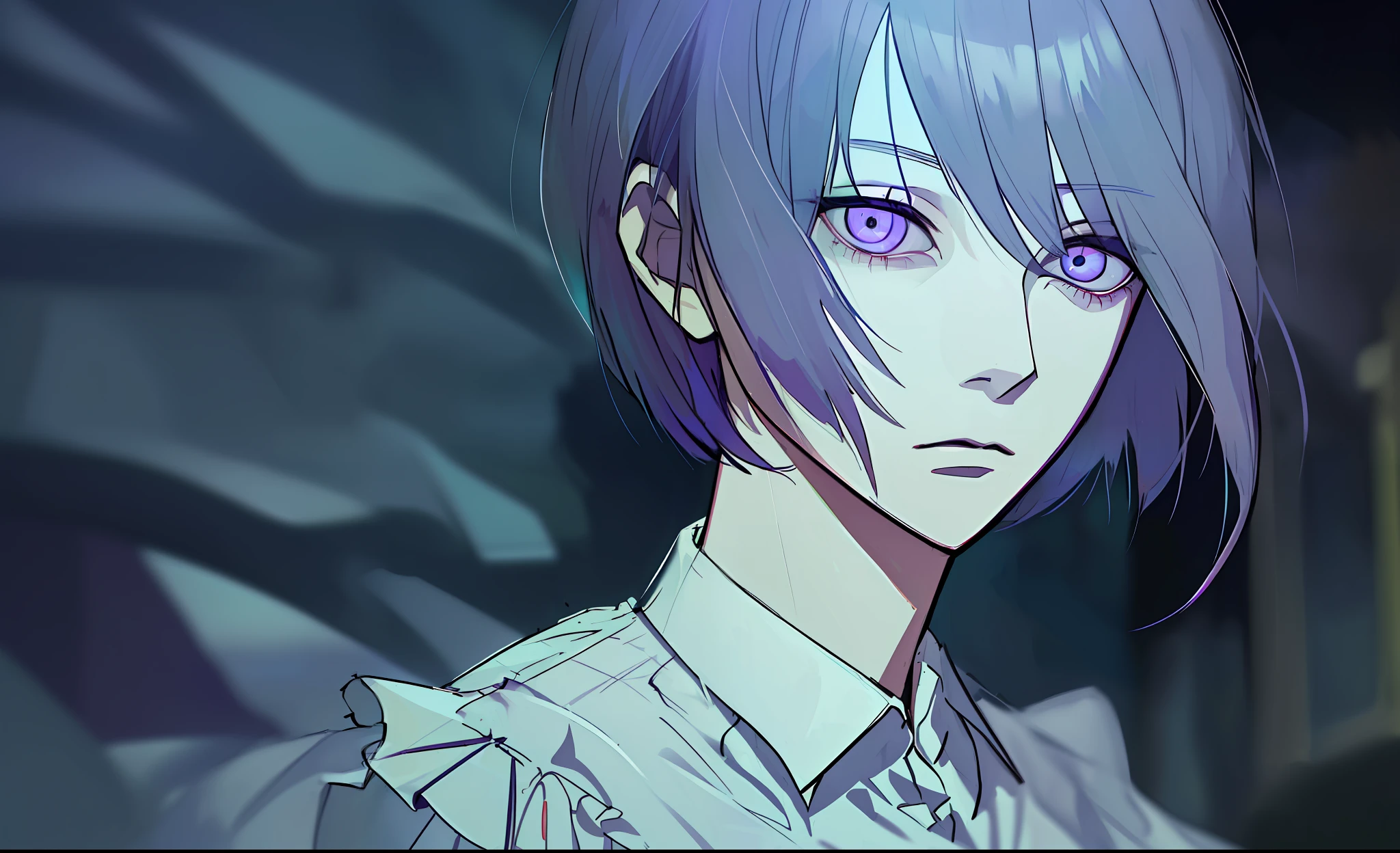 masterpiece, (absurdres:1.1), best quality, extremely delicate, (beautiful face:1.1), elegant, (great composition), bags under eyes,  (dark:1.1), night, shaded face, depressed, expressionless, white skin, [blue hair:(purple hair, colored inner hair:1.1):0.4], (empty eyes:1.2), (bob cut:1.1), short hair, concept art, lineart, (hair between eyes, hair over one eye:1.1), upper body,