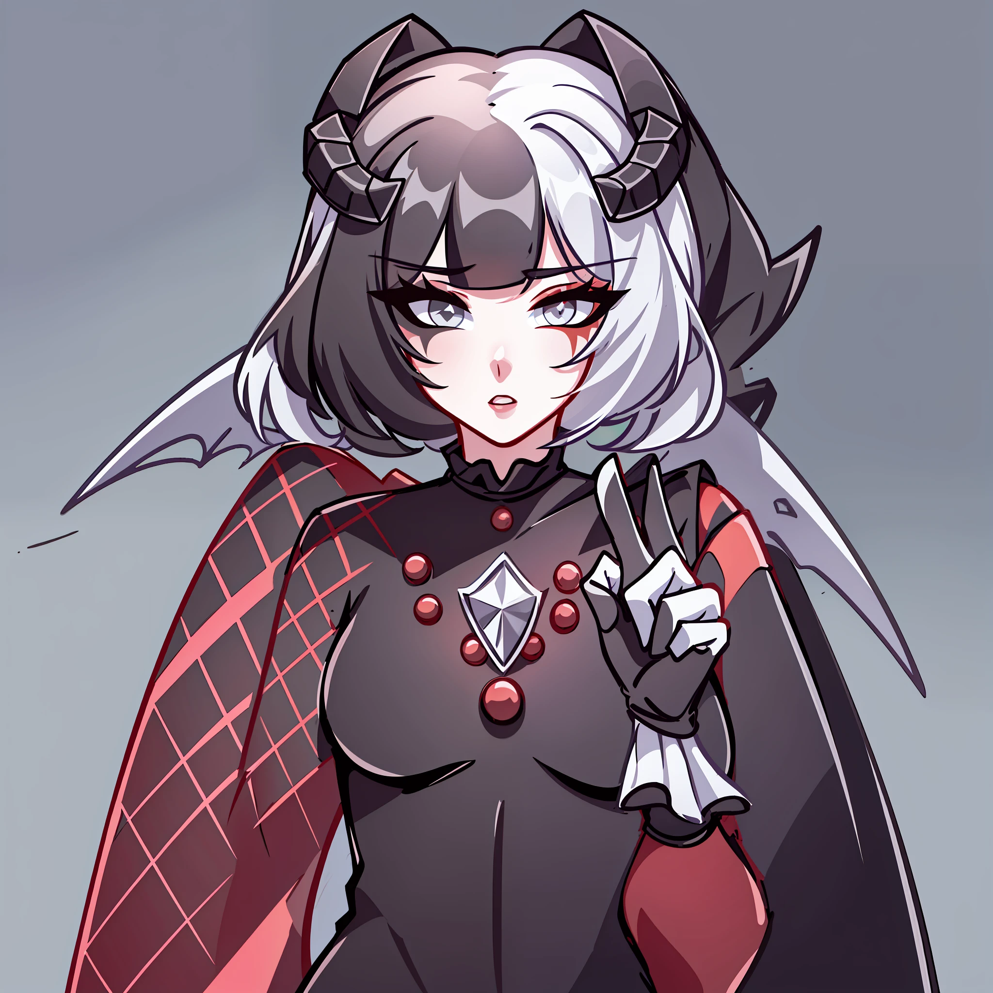 (Best quality: 1.0), (Super High Resolution: 1.0), extremely detailed character, detailed hands, half-dragon girl, horns, scales on the neck, scales on the shoulders, scales on the forearm, scales on the cheek, extremely detailed black dragon tail, extremely detailed hair, short hair, ((white hair)), (black locks), extremely detailed eyes, yellow eyes, dragon eyes, 2d, tomboy girl, anime art, teenager/young