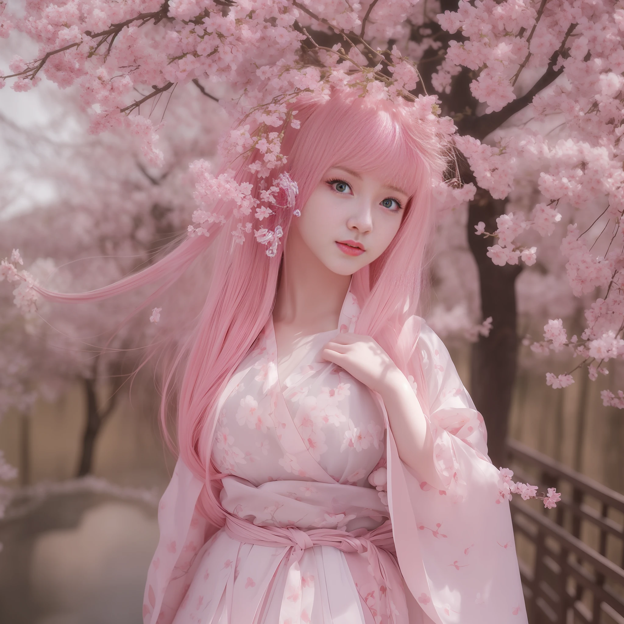 Extremely detailed CG Unity 8k wallpaper, best lighting, super detailed), (best quality, masterpiece, high resolution), standing, national style girl, cherry blossom petals, soft light, beautiful hair, pink and white Hanfu costume, large open space, cherry blossom season, cherry blossom silk, bright colors, light smile, floating cherry blossom petals, standing on a wooden bridge