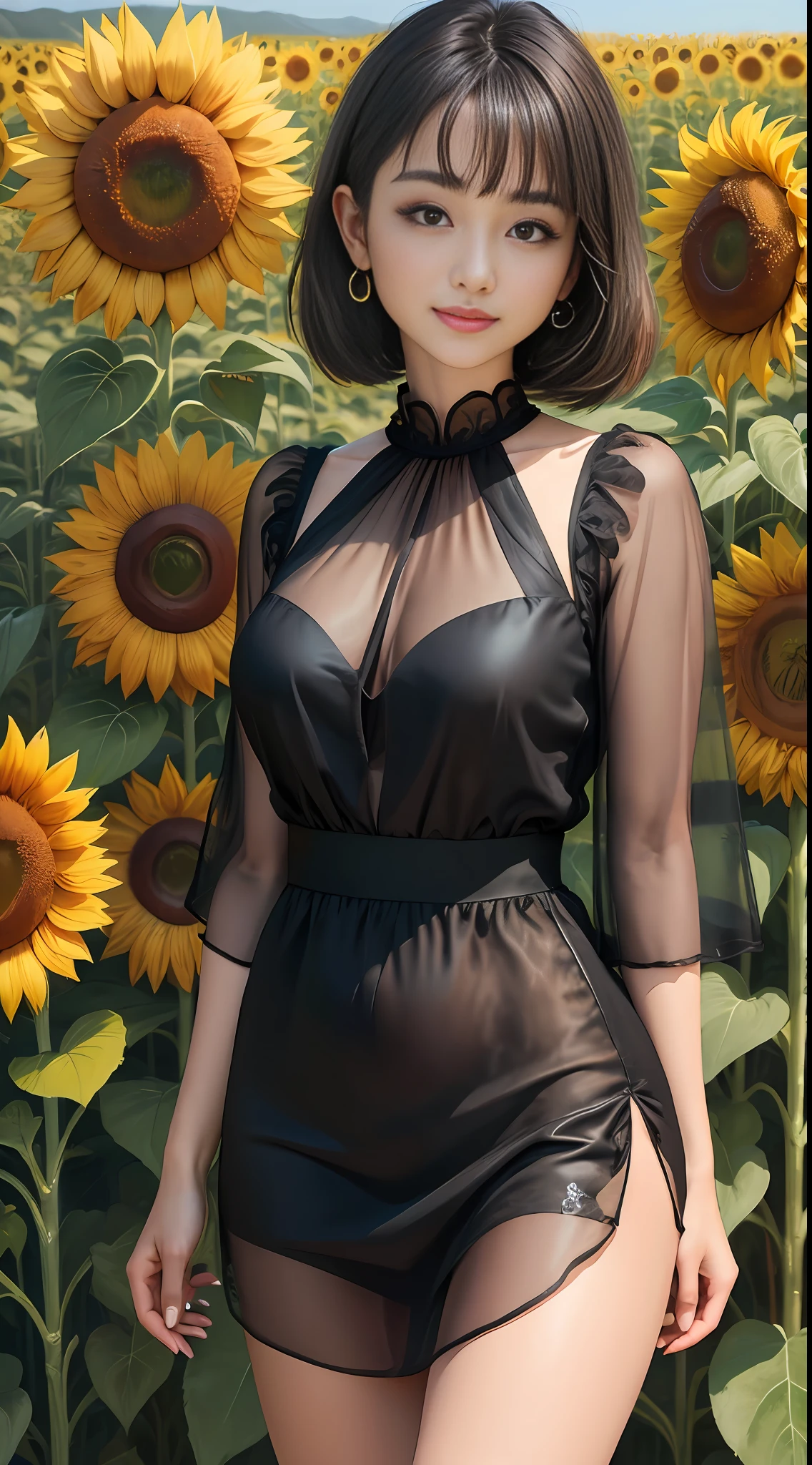 ((Top Quality, 8k, Masterpiece: 1.3)), Well-formed face, symmetrical big eyes, model body shape, glossy skin type, double eyelids, short hair, smooth hair, smile, earrings, Korean beauty, Taiwanese beauty, no skin, big chest that can be seen even from the top of clothes, with bangs, mini dress, sun, sunflower field,