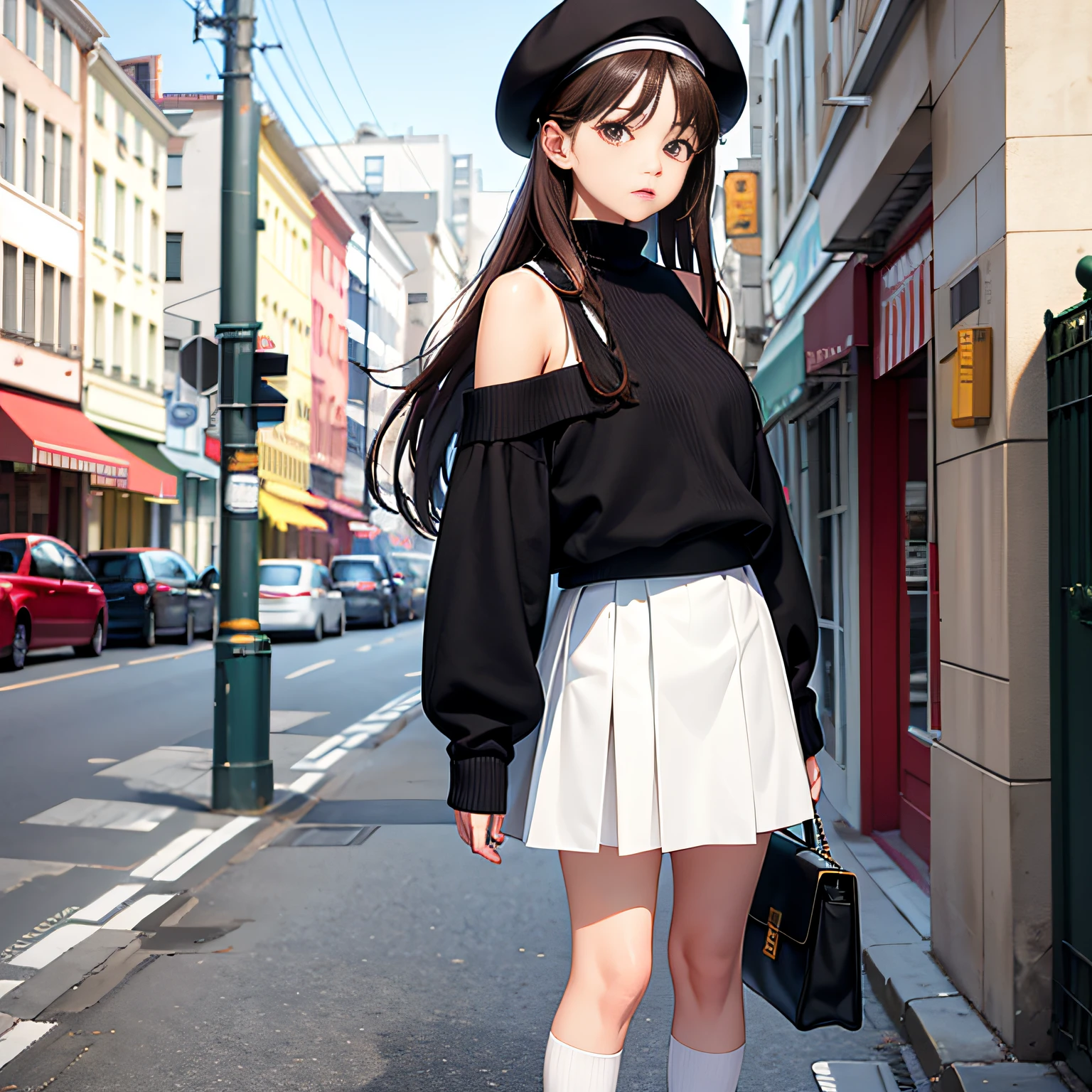 masterpiece, best quality, 1girl, bag, upper body, street, bangs, bare shoulders, beret, black footwear, black headwear, brown eyes, brown hair, closed mouth, handbag, hat, holding, longhair, long sleeves, looking_at_viewer, off shoulder, shoes, skirt, sleeves_past_wrists, socks, solo, sweater, white legwear Negative, standing, side view,