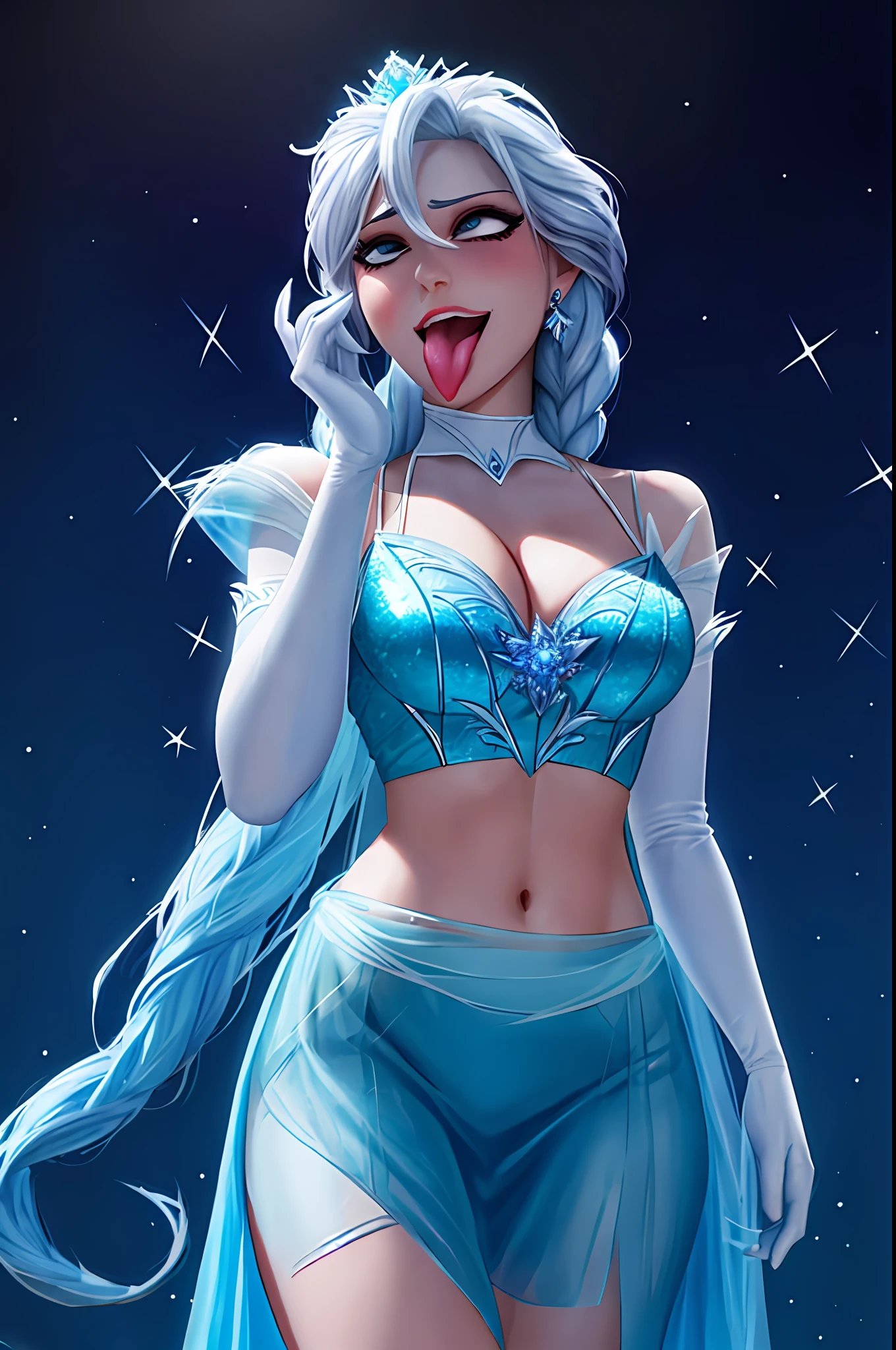 1girl, (solo:1.5) 18 years old, sexy beautiful Elsa from Disney frozen, ice queen, perfect face, detailed eyes, detailed iris, gorgeous, stunning beautiful, photo, midriff, cleavage, purple dress,  thigh up shot, 8k,  highly detailed, photorealistic, contrapposto, soft cinematic lighting, (backlighting:1.2), (bloom:1.2), (light sparkles:1.1), (chromatic aberration:1.2), sharp focus, high contrast, (ahegao:1.5)