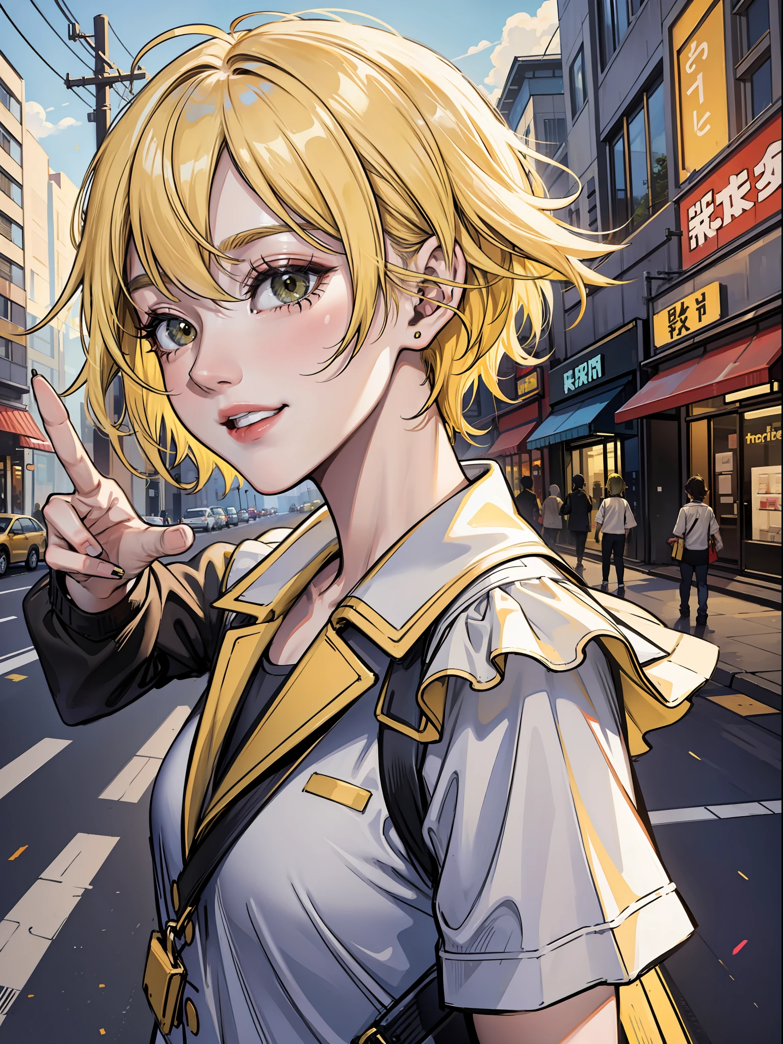 Short yellow hair, woman, happy, roadside, urban