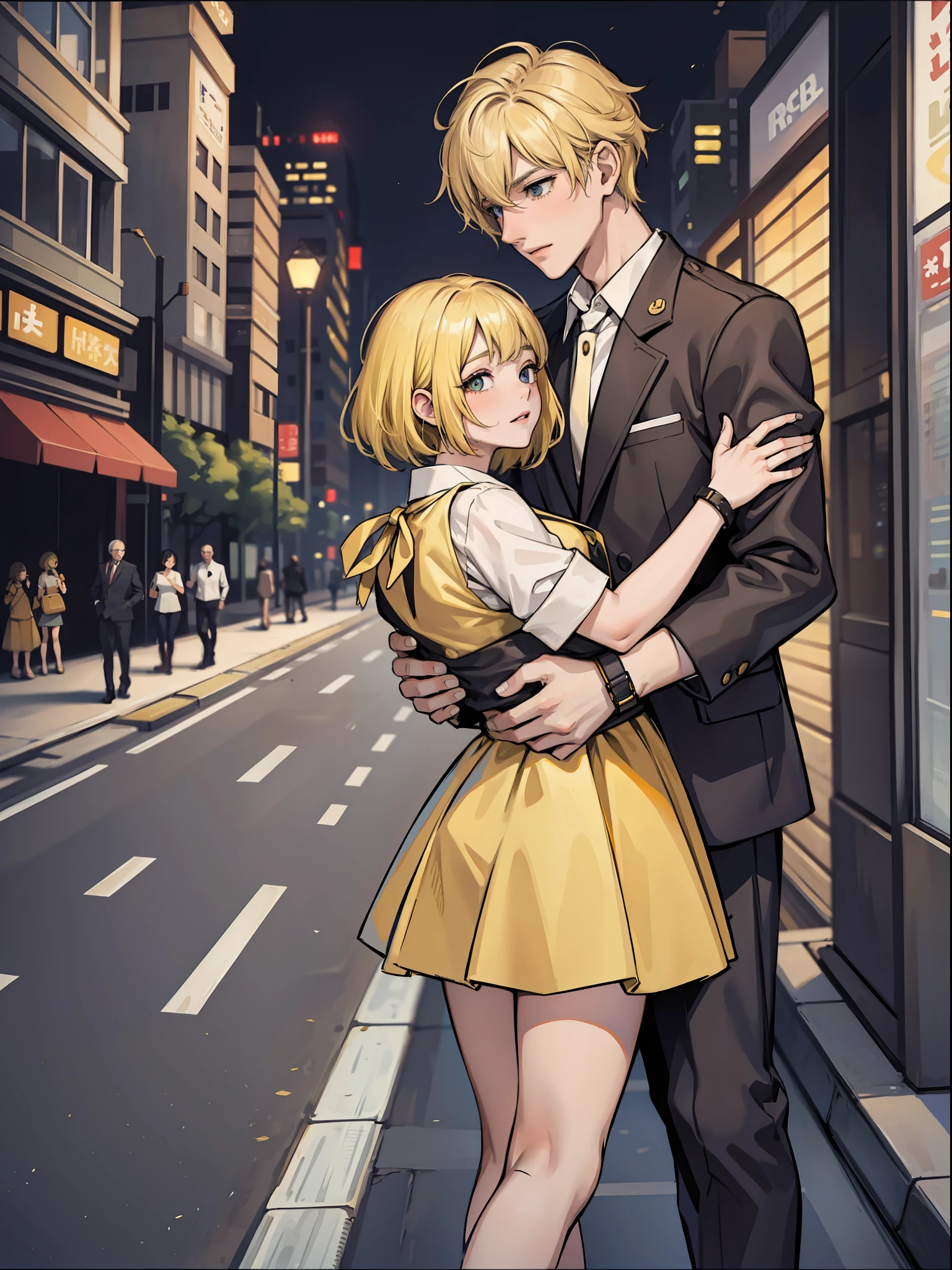 Short yellow hair, woman, holding man, roadside, urban