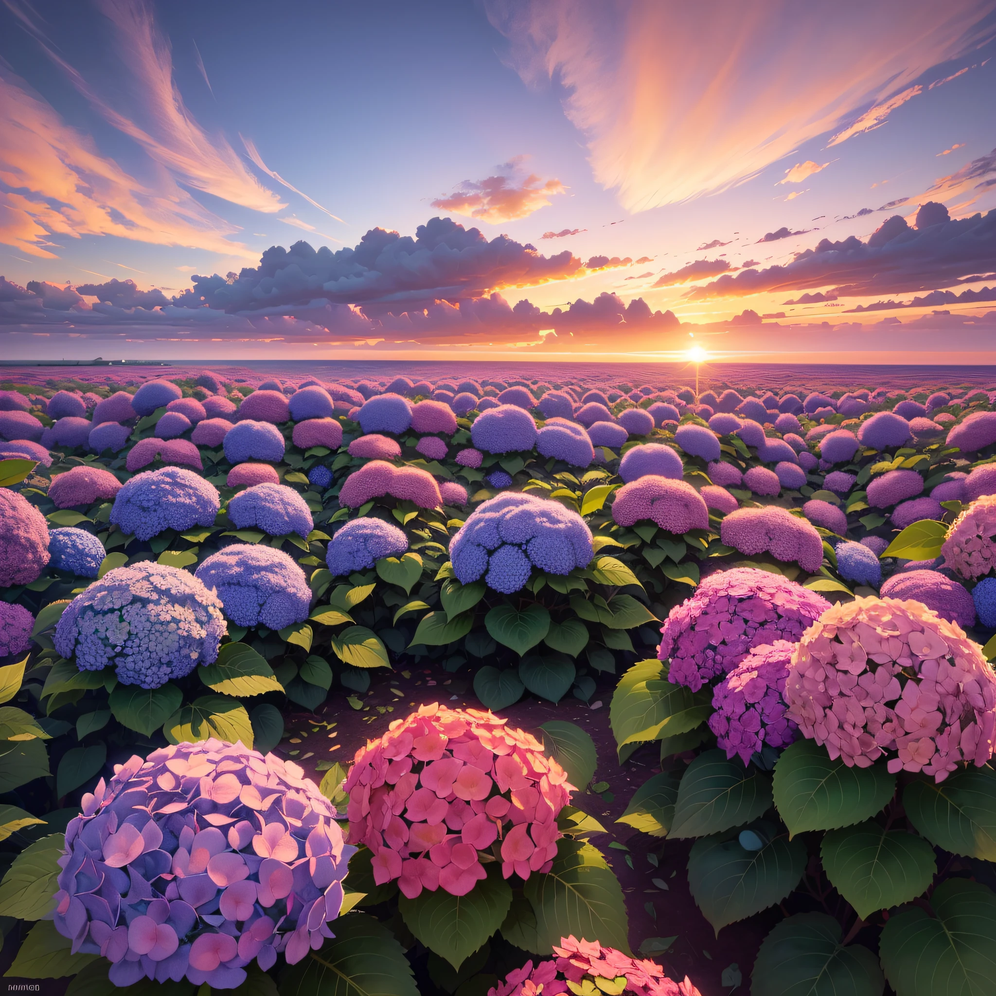 Below the horizon is full of colorful hydrangeas, the leaves of the hydrangea petals are clearly visible On the horizon is the sky and sunset Burning clouds Super beautiful clouds Sunset Light sky accounts for one-third of the picture Below the horizon accounts for two-thirds of the picture Stunning Cinematic Live action 8K super realistic --auto --s2