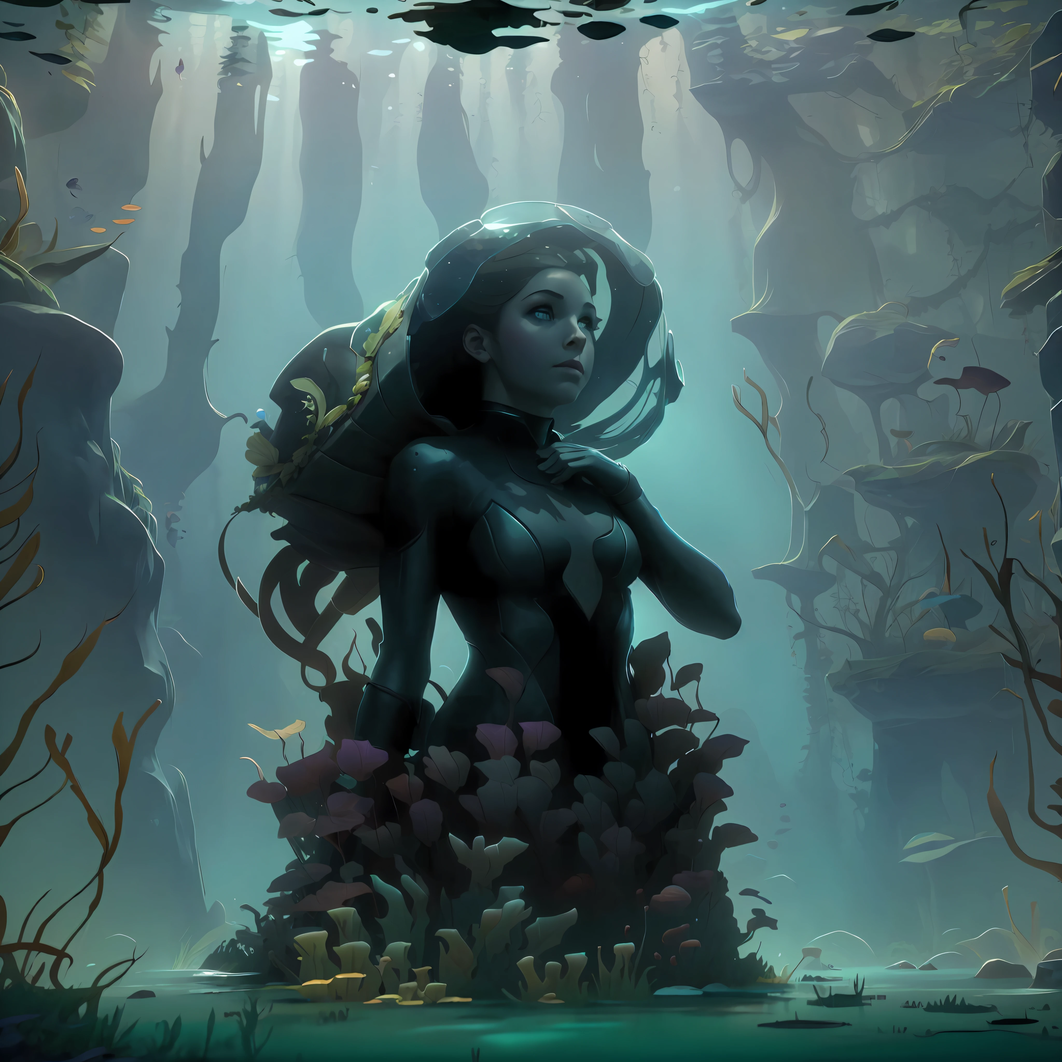 Cage: trapped, confinement, isolation Dark depths: abyss, underwater, submerged Dim light: faint, glimmers, rays Murky waters: obscured, opaque, hazy Woman in diving suit: lifeless, motionless, encased Feeble glimmers: faint, shimmering, ethereal Outline: silhouette, form, figure Underwater vista: aquatic, surreal, mysterious Eerie, solitary ambiance: haunting, desolate, unnerving --auto --s2