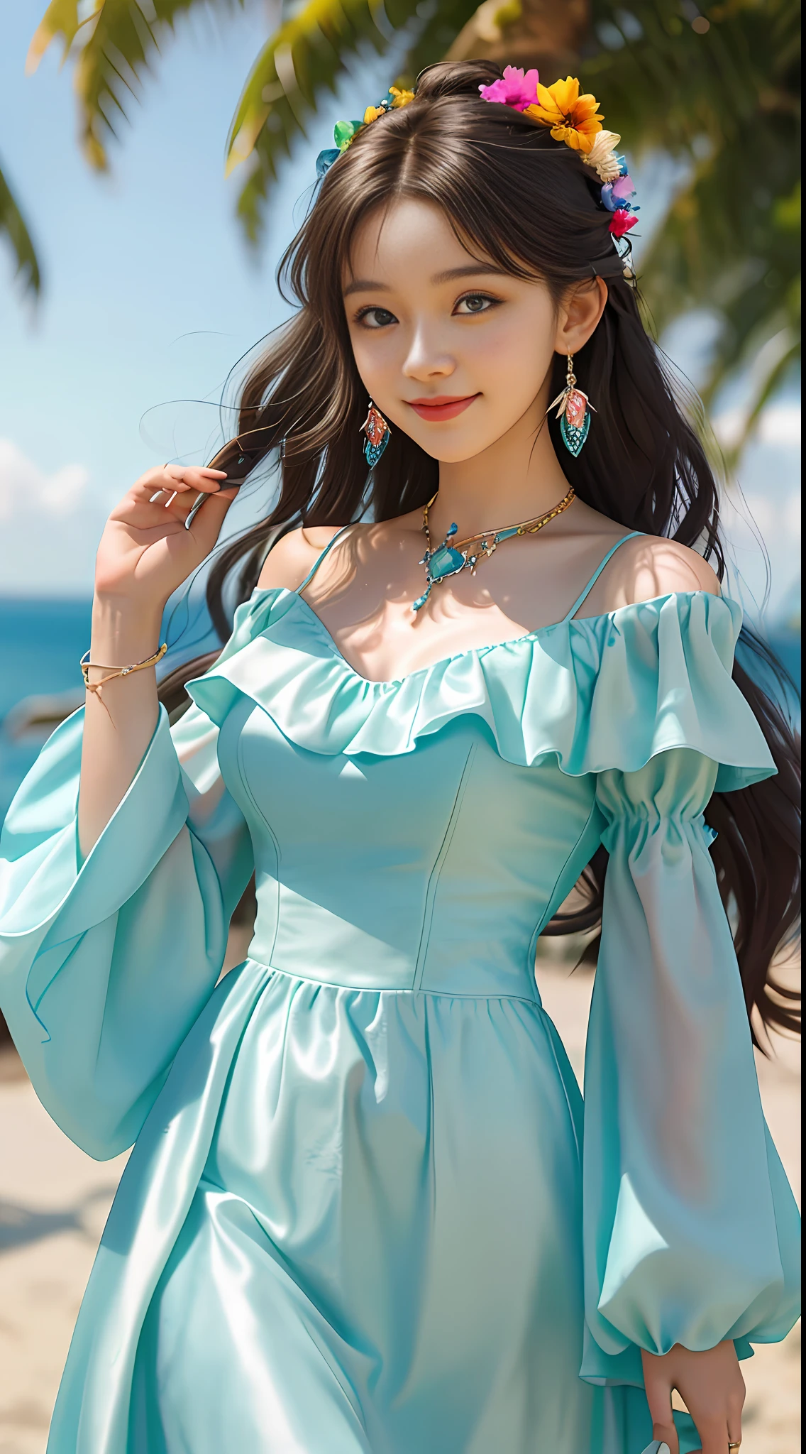 On a summer morning, the 18-year-old proud girl dressed in a colorful off-the-shoulder dress, covered in jewelry and jewelry, showed her unparalleled beauty in the sunlight. She combed her colorful hair and had a confident smile on her face. The colorful jewels hanging around her neck exude a dazzling brilliance. Her eyebrows are slightly raised, her eyes are bright and ethereal, and the corners of her mouth are slightly raised, exuding cute charm. She seems to have stepped out of the anime world and shows people a colorful fantasy art style.