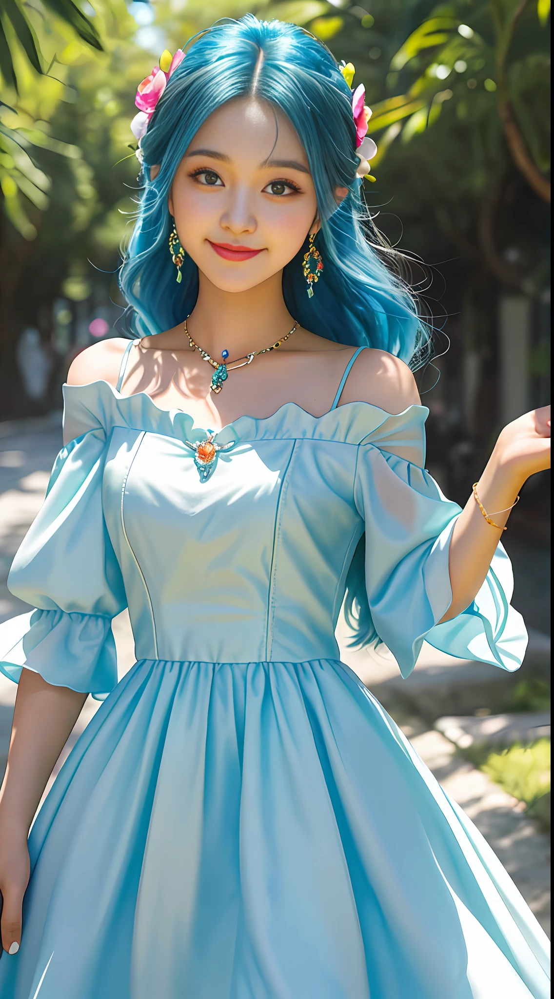 On a summer morning, the 18-year-old proud girl dressed in a colorful off-the-shoulder dress, covered in jewelry and jewelry, showed her unparalleled beauty in the sunlight. She combed her colorful hair and had a confident smile on her face. The colorful jewels hanging around her neck exude a dazzling brilliance. Her eyebrows are slightly raised, her eyes are bright and ethereal, and the corners of her mouth are slightly raised, exuding cute charm. She seems to have stepped out of the anime world and shows people a colorful fantasy art style.