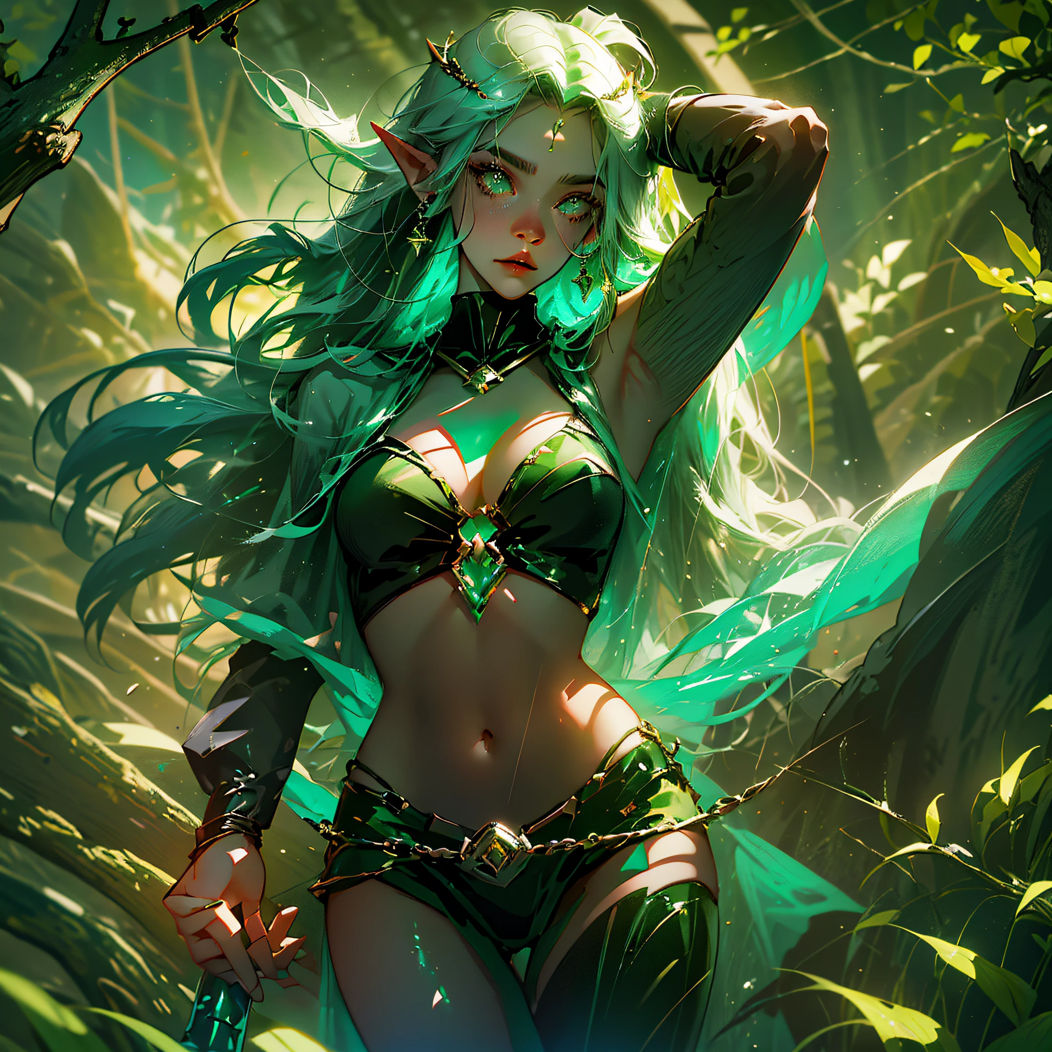 masterpiece, best quality, realistic, dark elf warrior woman with green eyes, green hair, with small bright bikini, in the middle of the jungle at dusk with the moon shining, vector art --auto --s2