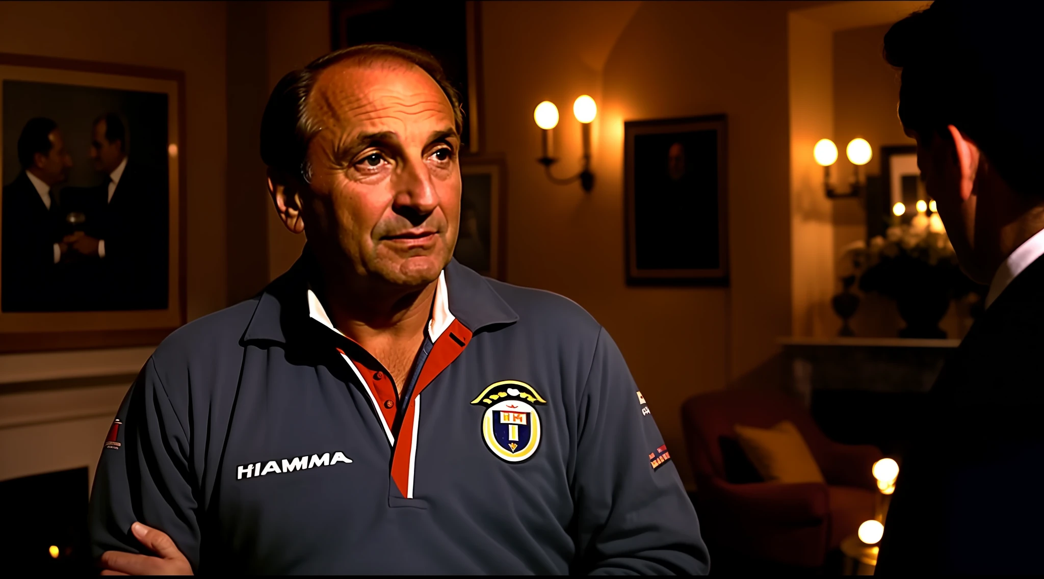 Film still of Juan Manuel Fangio is in an intimate and cozy room, decorated with elements related to Formula 1 and motorsport. The atmosphere is cozy, with trophies and photographs of the club. Best documentary-style lighting to capture the atmosphere.