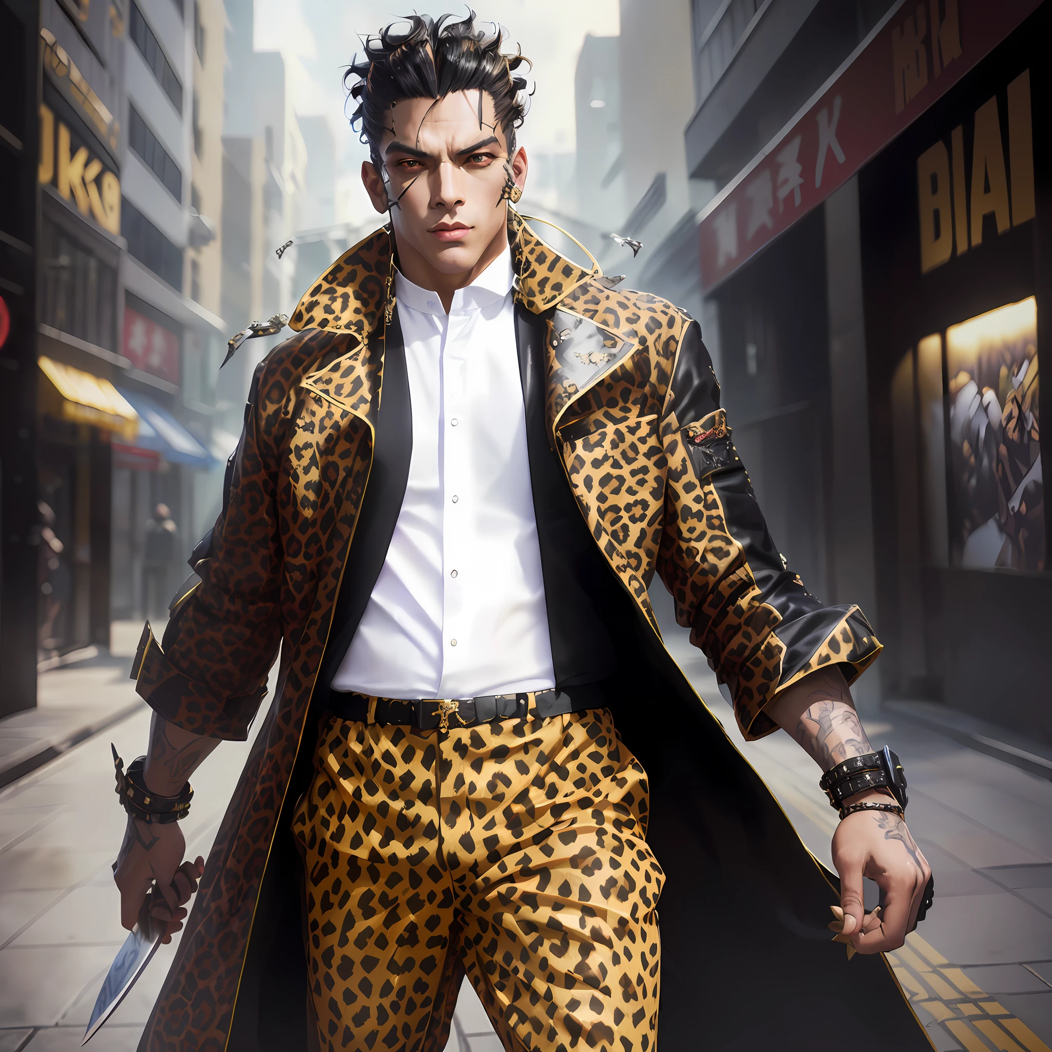 there is a man in a leopard print suit and a coat, as a character in tekken, badass anime 8 k, official character art, fighting game character, trigger anime artstyle, 3 d render character art 8 k, ( ( character concept art ) ), jotaro kujo, handsome guy in demon slayer art, official character illustration, humanoid cheetah