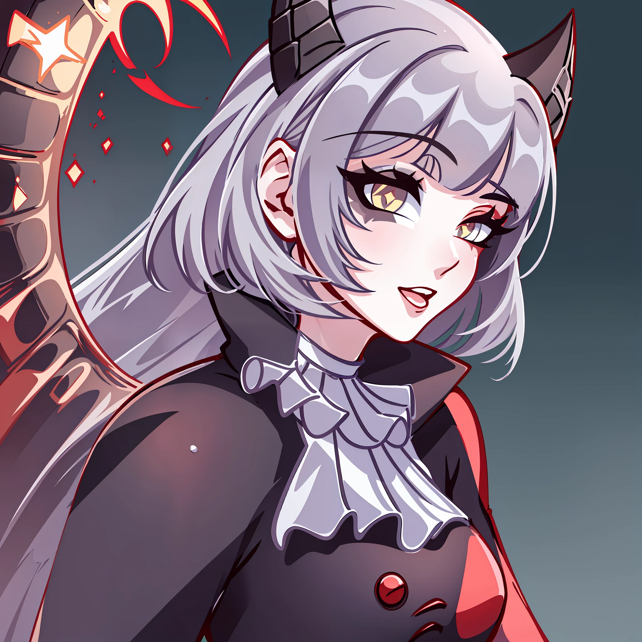 (Best quality: 1.0), (Super High Resolution: 1.0), extremely detailed character, detailed hands, half-dragon girl, horns, scales on the neck, scales on the shoulders, scales on the forearm, scales on the cheek, extremely detailed black dragon tail, extremely detailed hair, short hair, ((white hair)), (black locks), extremely detailed eyes, yellow eyes, dragon eyes, 2d, tomboy girl, anime art, teenager/young