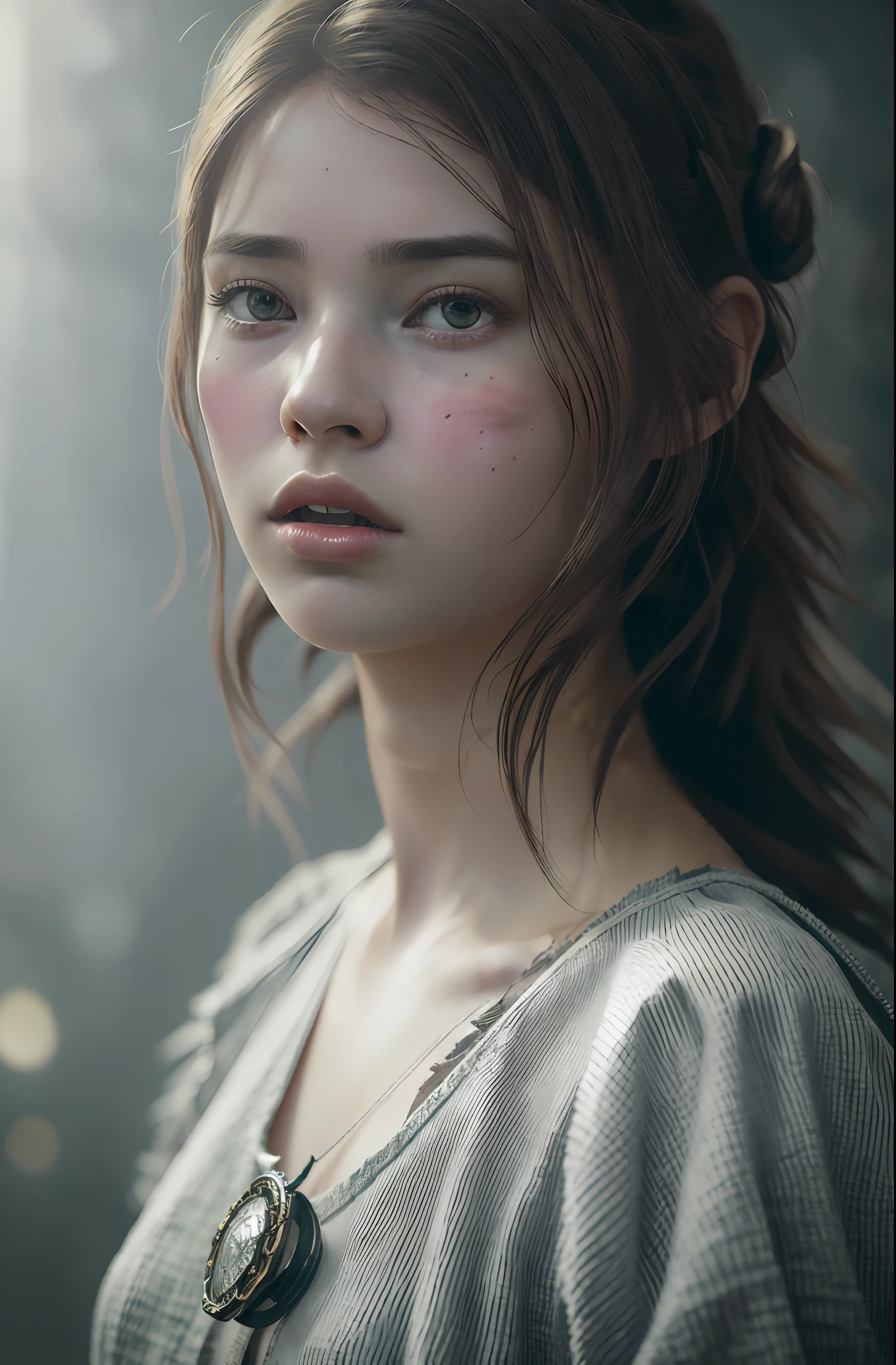 ultra highly detailed 1200k, (1girl:1.5), (solo:1.5), 20 year old, blotchy face, tousled hair, humble, (gasping:1.4), (shocked:1.1), tattered work clothes, trembling, in agony, hyper realistic fantasy photography is all the rage on artstation, clear focus, studio photography, WLOP and Silver Ai Art, stunning masterpiece, fantasy art, fantasy visual key, fantasy photography, sunbeams, cinematic lighting, beautiful, 101K ultra detailed resolution, 3D shading, Unreal Engine 5, sf, trending on artstation, focus sharp, studio shot, intricate detail, highly detailed, by greg rutkowski