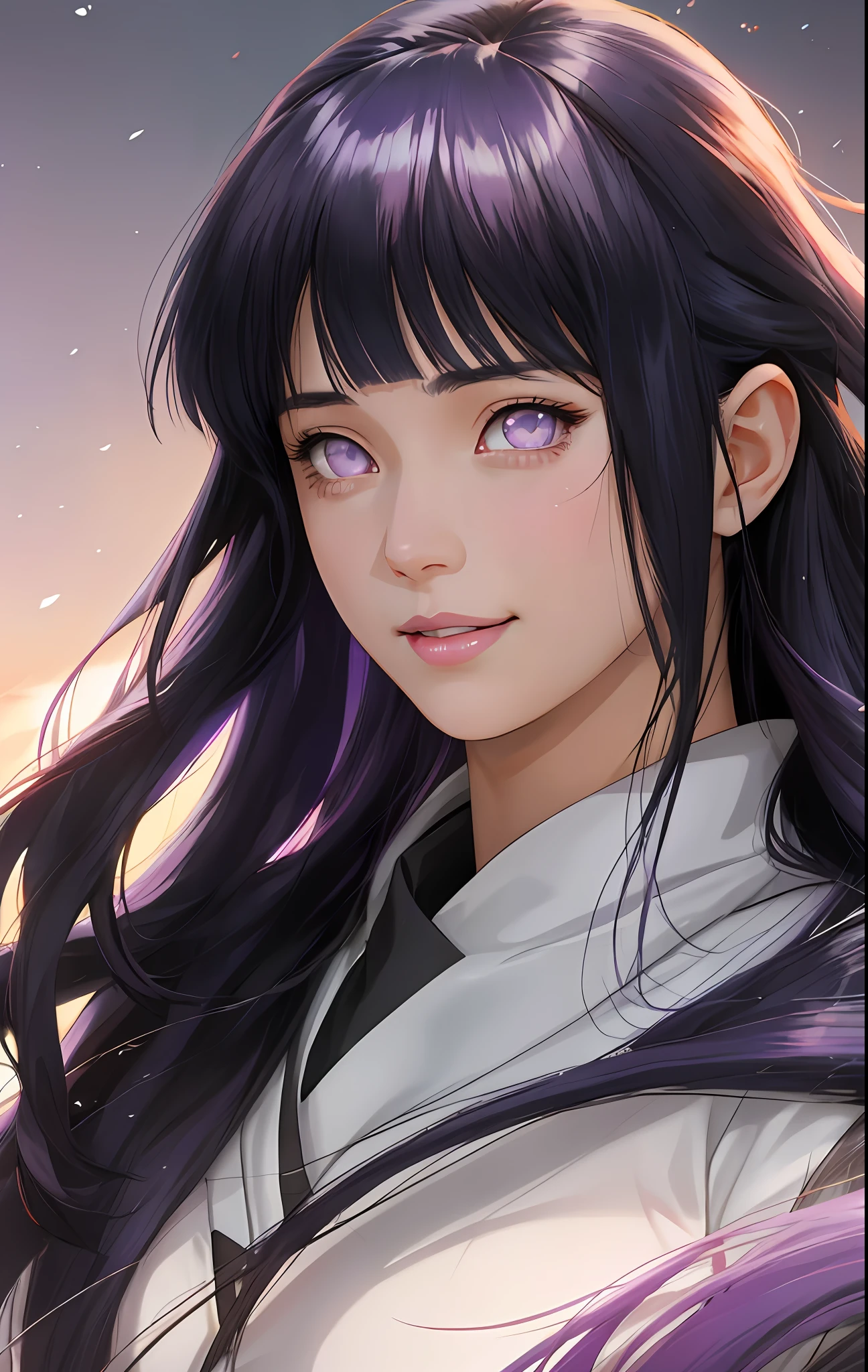 a girl with long blue hair and a gray shirt, hinata hyuga, hinata hyuga from naruto, she has black hair with blunt bangs, realistic, with long dark hair, from naruto, blunt bangs, purple eyes, pink lips, (realistic hair:1.3), (long hair:1.3), (light smile:1.3), detailed character, realistic character, blushing, (beautiful face:1.3), (detailed eyes:1.3), pretty, medium breast, eyelashes