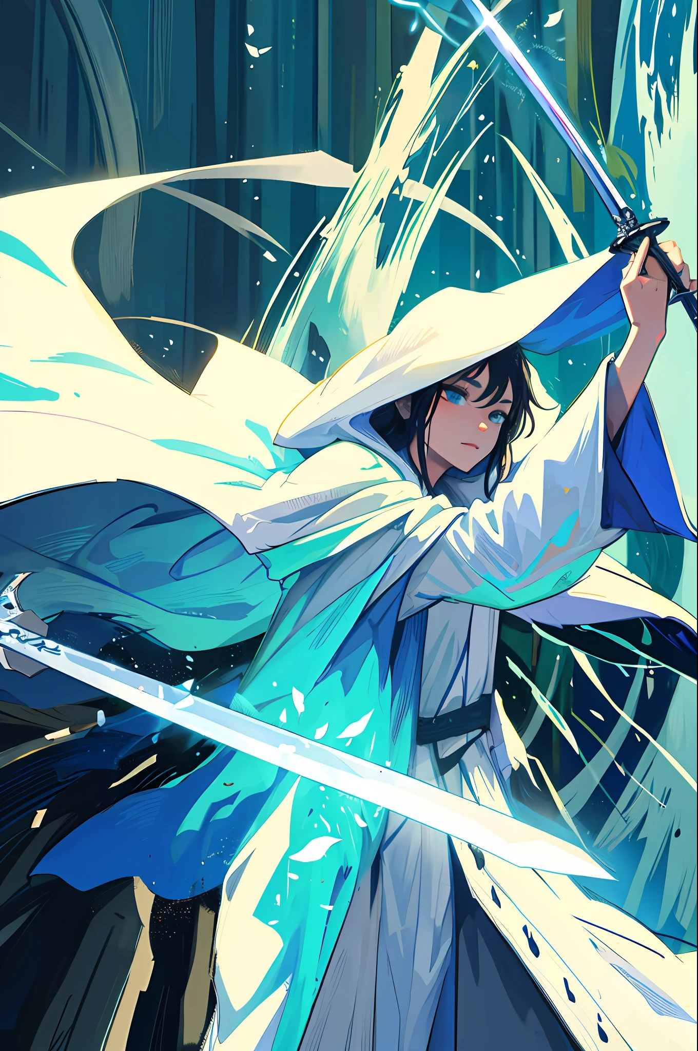 Immortal cultivator, dressed in a white robe, holding a cyan sword