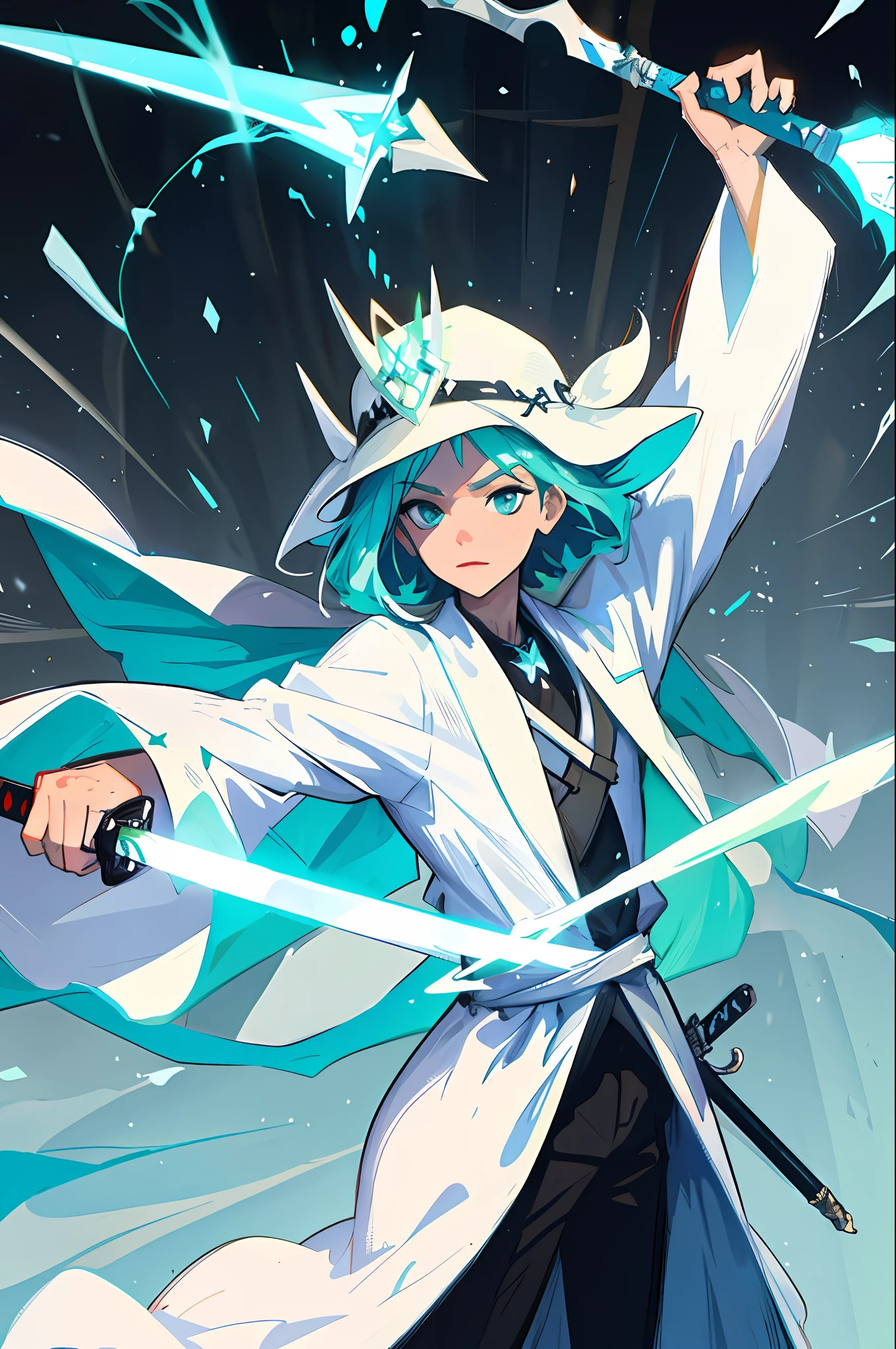 Immortal cultivator, dressed in a white robe, holding a cyan sword