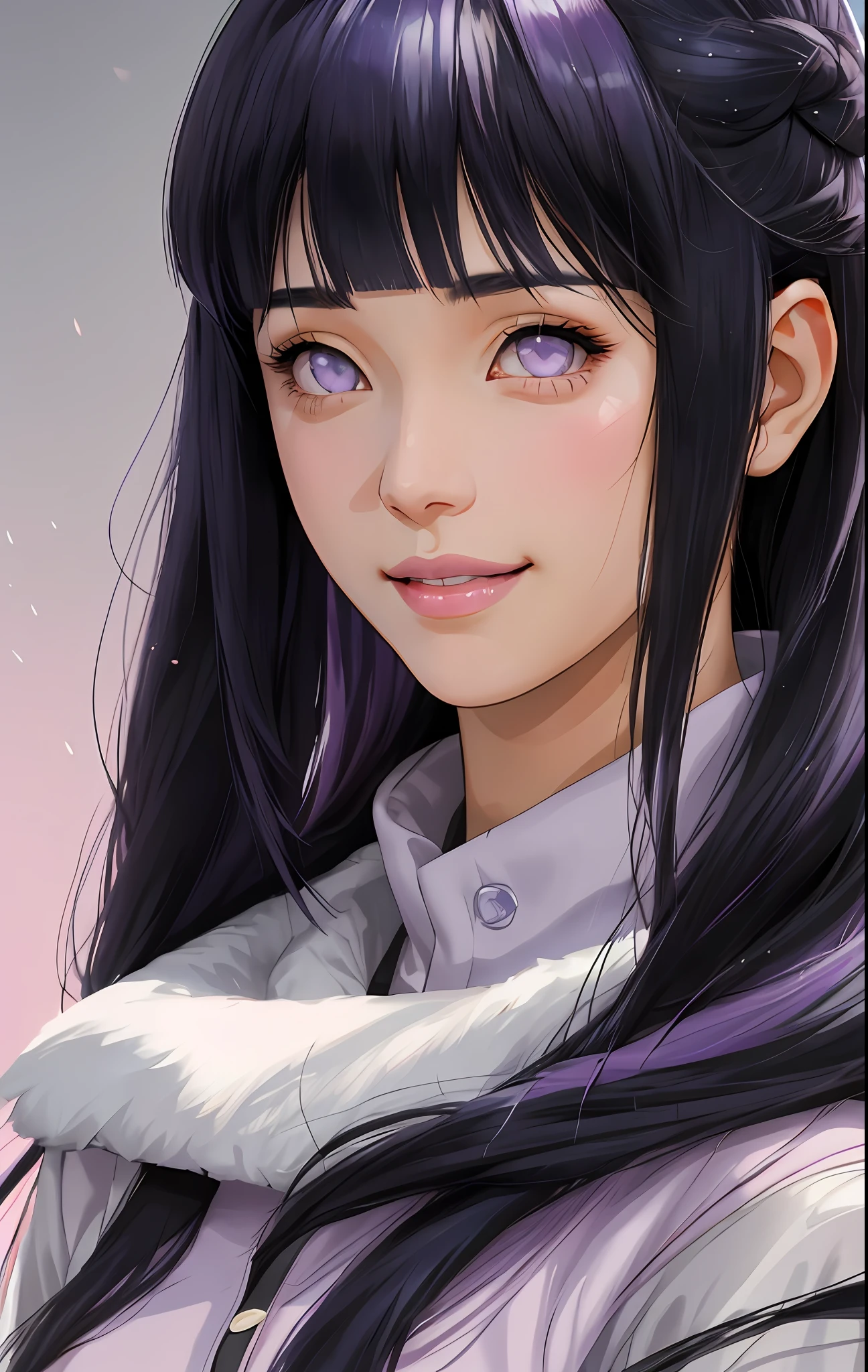 a girl with long blue hair and a gray shirt, hinata hyuga, hinata hyuga from naruto, she has black hair with blunt bangs, realistic, with long dark hair, from naruto, blunt bangs, purple eyes, pink lips, (realistic hair:1.3), (long hair:1.3), (light smile:1.3), detailed character, realistic character, blushing, (beautiful face:1.3), (detailed eyes:1.3), pretty, medium breast, eyelashes