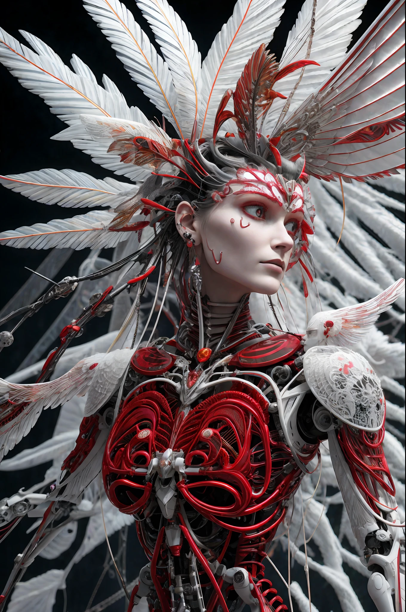 Complex 3d rendering ultra-detailed beautiful angel of death, biomechanical robot, simulated 150mm shot, beautiful natural soft edge light, crystal feathers, roots, delicate leaf lace, colorful details, Boris Bidjan Saberi clothing, pearl earrings, piercings, Art Nouveau fashion embroidery, intricate details, mesh threads, mandelbro fractals, facial muscles, cable wires, microchips, badasses, surreal, ultra-detailed, octane rendering, volumetric lighting, 8k post-production, Red and white with a touch of black, metallic skeleton details, half-human, iridescent colors, Glenn Brown style, futuristic room, power of God, high angle shot, complex body pose, tech face