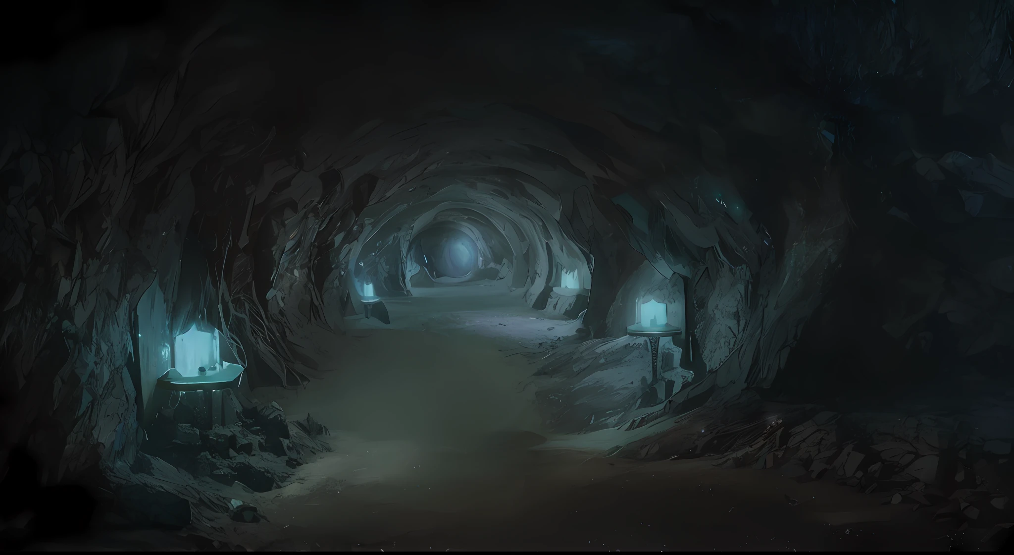 There is a tunnel with lights, underground mines, underground caves, underground caves, industrial futuristic ice mines, cave systems, dim underground dungeons, realistic dark concept art, Moria mines, Star Wars cave interior, underground caves, cave exploration, Moria mines, underground cities, fabulous huge space caves