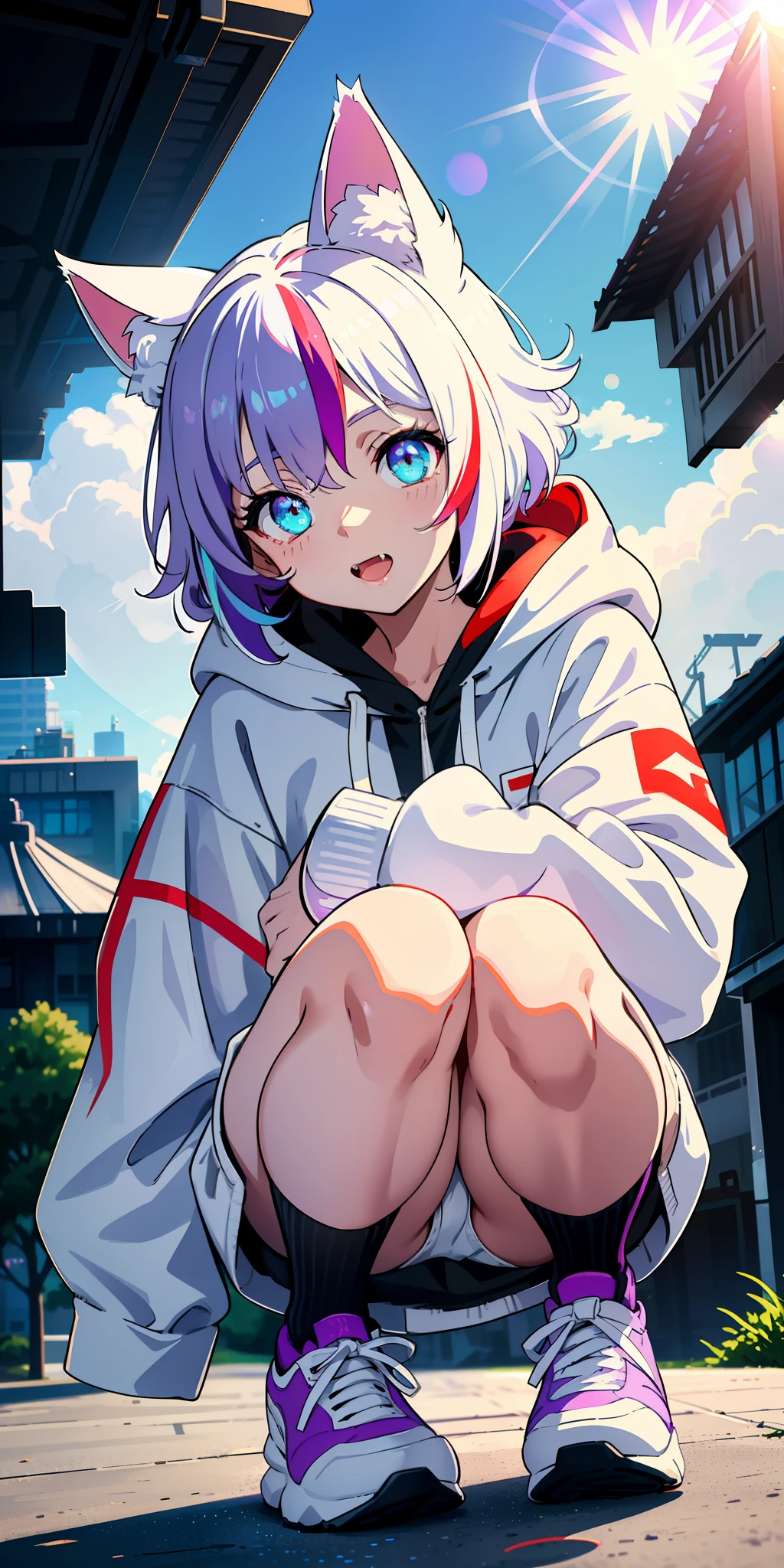 Cozy cute short girl squatting outdoors in white hoodie, cat ears, (floating lens flare bubbles), fangs, (detailed eyes, two-tone eyes, purple turquoise gradient eyes), short white hair, fluffy hair, sneakers, white lingerie, black miniskirt, park scenery in broad daylight, dynamic angle