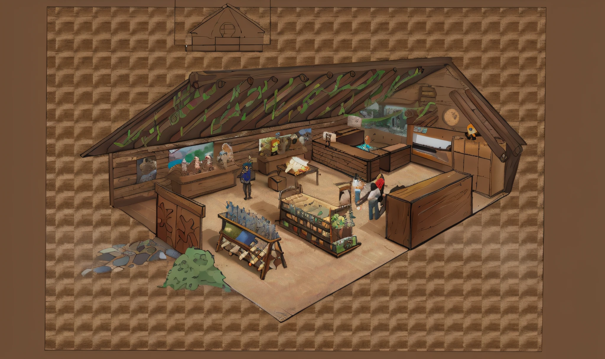 There is a planed plan of the store, inside or shelves, stuffed toys on the shelves, there are people inside, concept art, concept art, concept art! , concept art for video games, concept art highly detailed, finished concept art, market setup, Ruina concept art library, concept art!, digital rendering, concept art