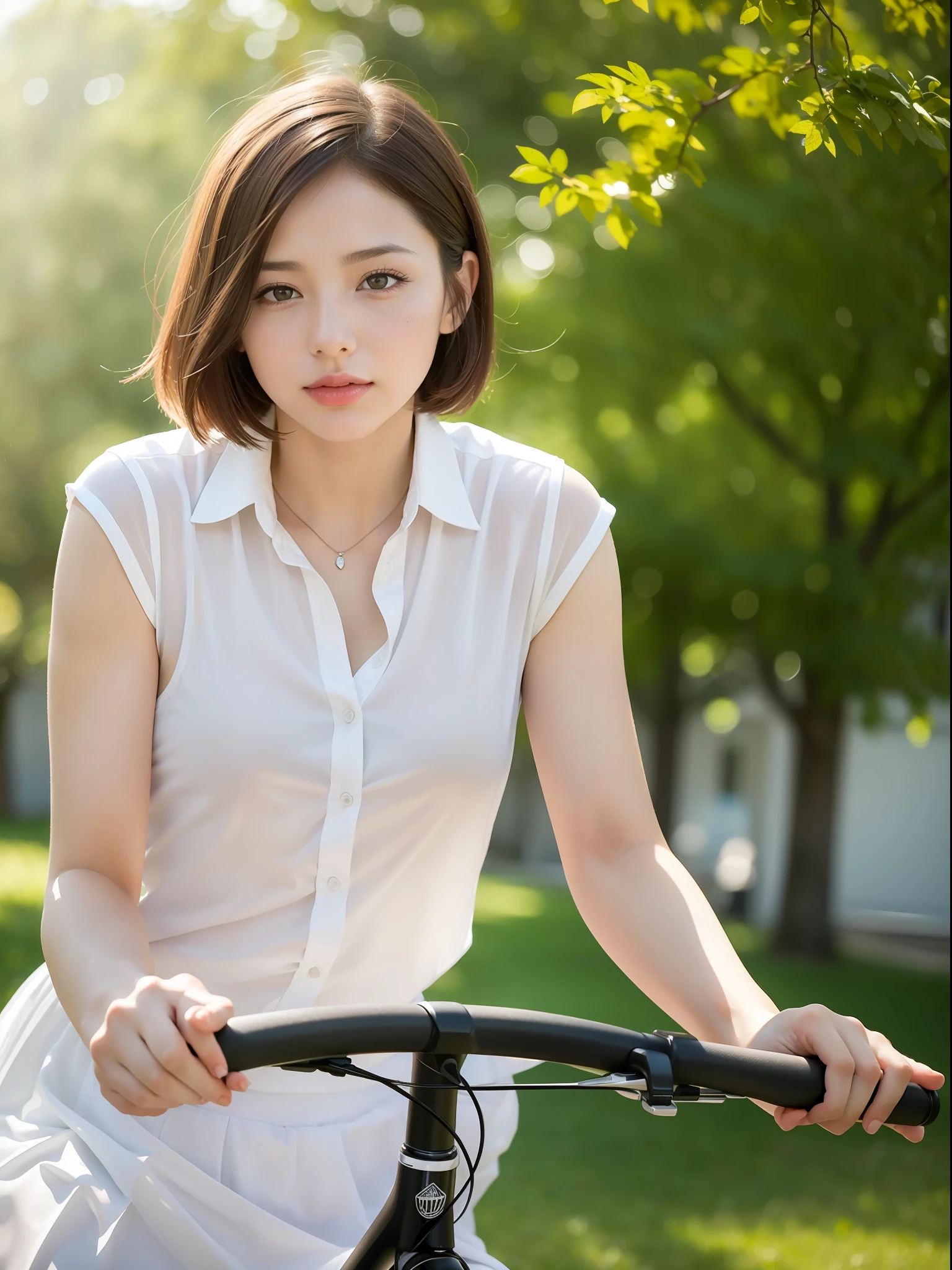 ((Best quality, 8k, Masterpiece: 1.3, raw photo)), Sharp focus: 1.2, (1 AESPA girl: 1.1), (realistic, photo-realistic:1.37), face focus, cute face, small breasts, flat chest, brunette short hair, riding a bicycle, (white shirt: 1.2), skirt, park, sunlight, cinematic lighting, from below