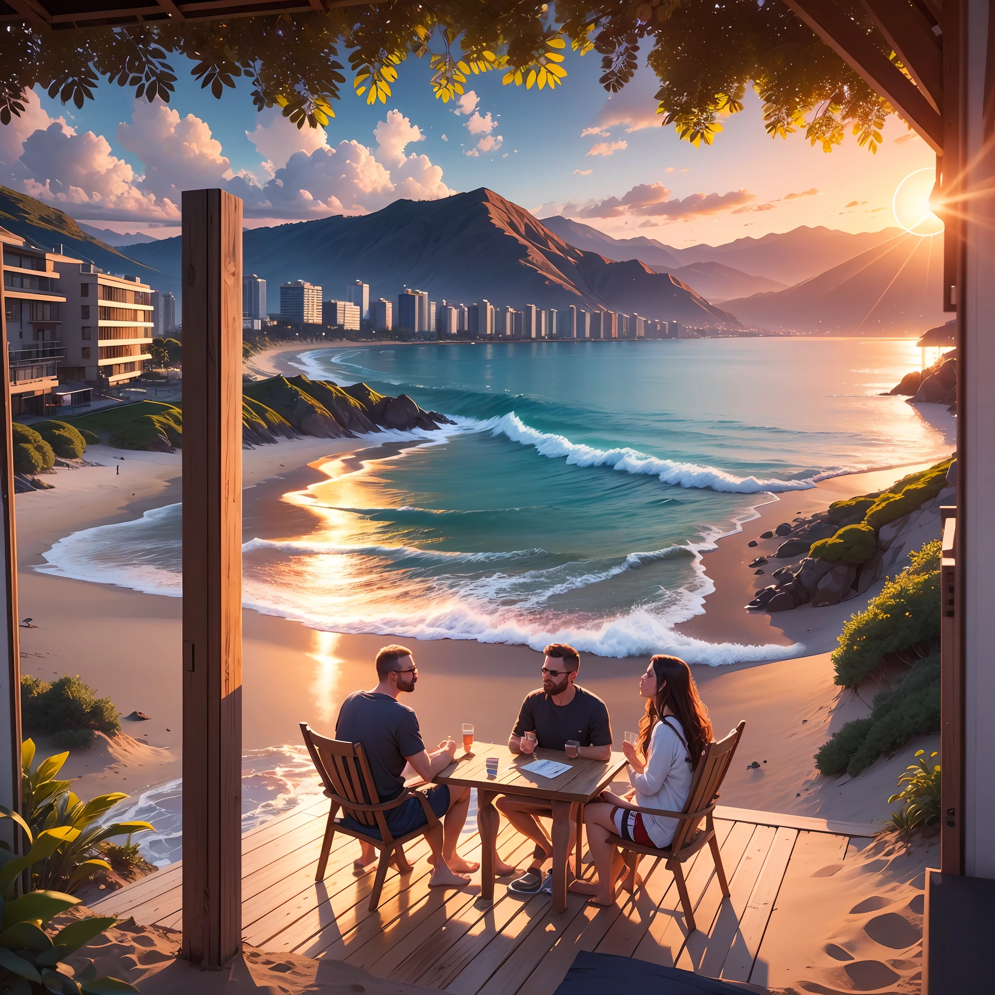 "A group of people enjoying the sunset at the beach, portrayed in ultra-detailed, hyper-realistic style. This masterpiece is of top quality and in 8k UHD resolution, with warm and radiant lighting that enhances the natural beauty of the scenery." --auto --s2