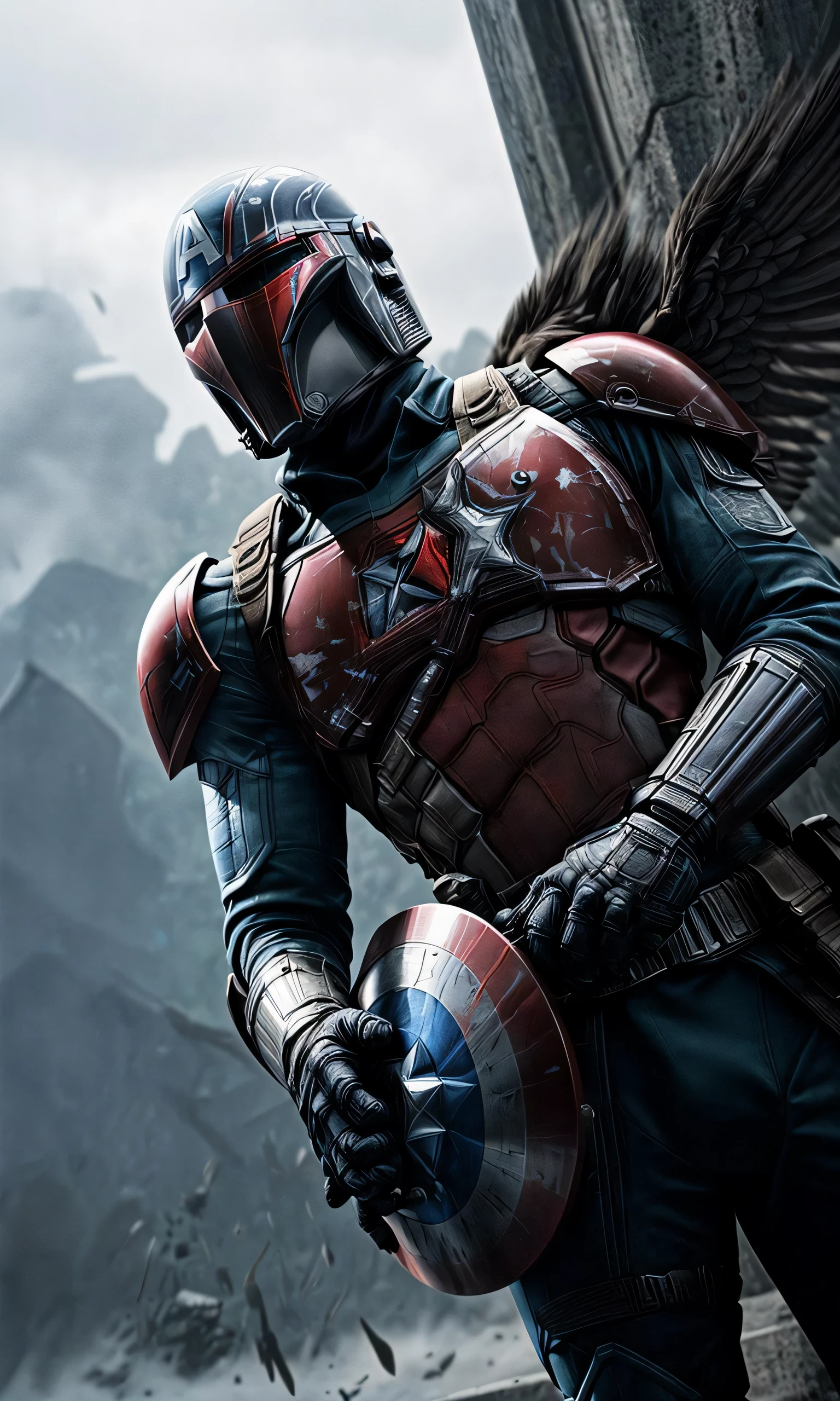 Extremely detailed and ultra - realistic full body illustration of Captain America as a Mandalorian, his helmet retaining the trademark winged A design of his classic mask, blended seamlessly with the traditional Mandalorian T - visored helmet. The helmet's reflection captures the intensity of the battle scene around him. He's holding his iconic shield, which now shows a blend of vibranium and beskar steel aesthetics, reflecting the world around him in its polished surface. His posture is vigilant and ready for combat. The backdrop is a gritty, smoke - filled battlefield under an overcast sky, as if rendered by Unreal Engine 5, giving a tangible sense of looming danger and high stakes. This piece carries an anime influence as inspired by the Niji model, adding a stylized edge to the hyper - realism. Portrait orientation with a ratio of 9: 16 completes the epic composition.,