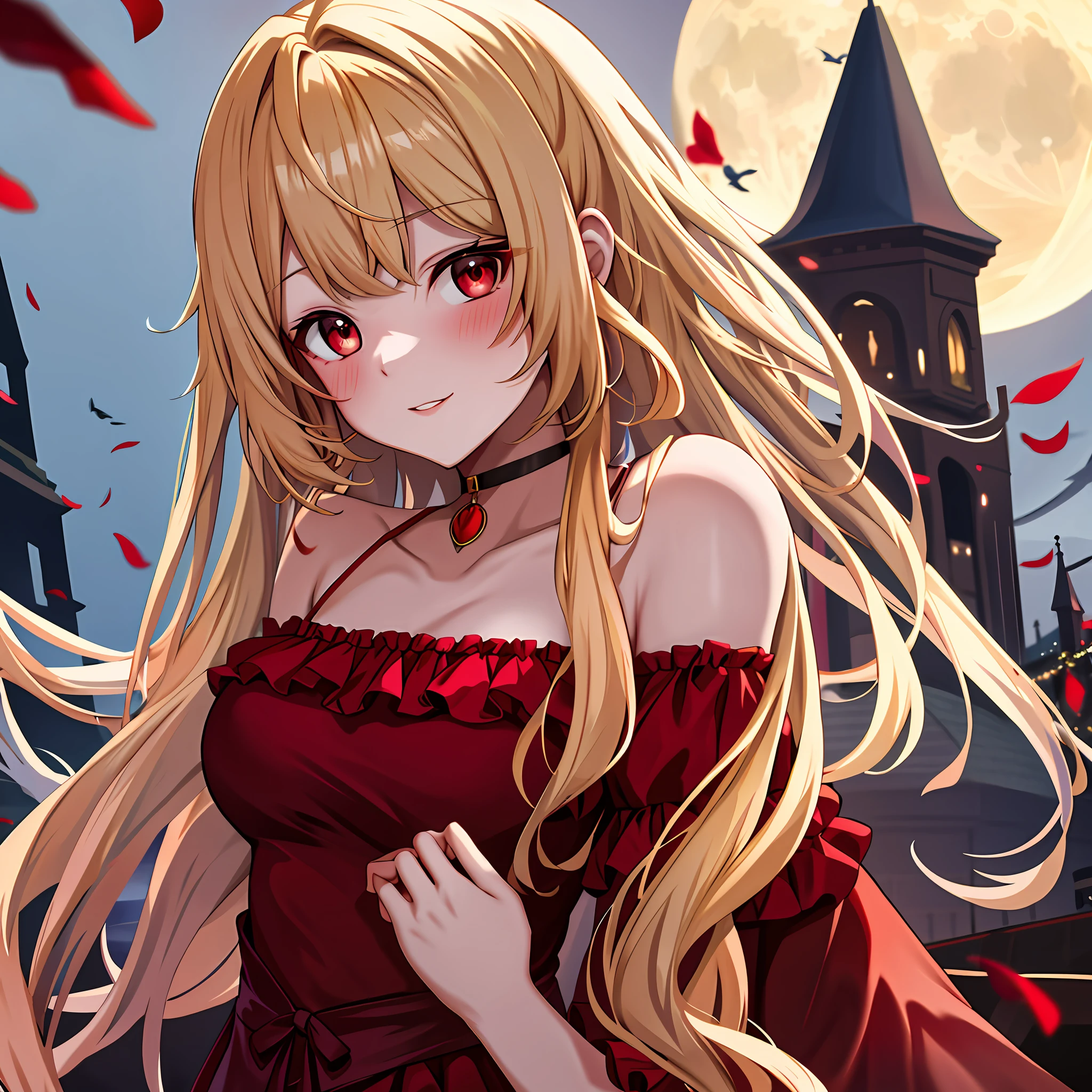 Blonde, red eyes, vampire girl alone, moon on background, sexy, blush, off-shoulder
