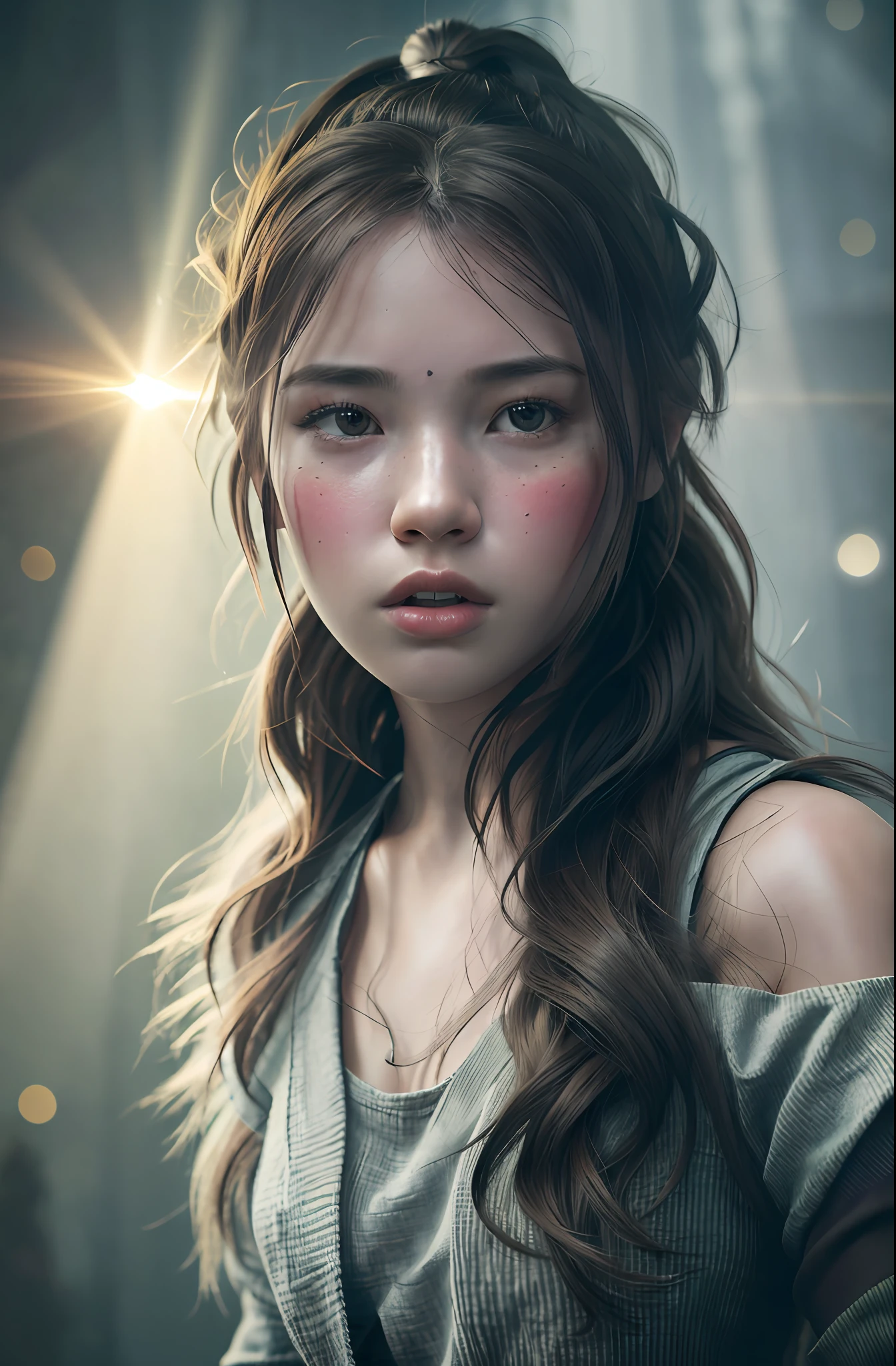 ultra highly detailed 1200k, (1girl:1.5), (solo:1.5), 20 year old, blotchy face, tousled hair, humble, (gasping:1.4), (shocked:1.1), tattered work clothes, trembling, in agony, hyper realistic fantasy photography is all the rage on artstation, clear focus, studio photography, WLOP and Silver Ai Art, stunning masterpiece, fantasy art, fantasy visual key, fantasy photography, sunbeams, cinematic lighting, beautiful, 101K ultra detailed resolution, 3D shading, Unreal Engine 5, sf, trending on artstation, focus sharp, studio shot, intricate detail, highly detailed, by greg rutkowski